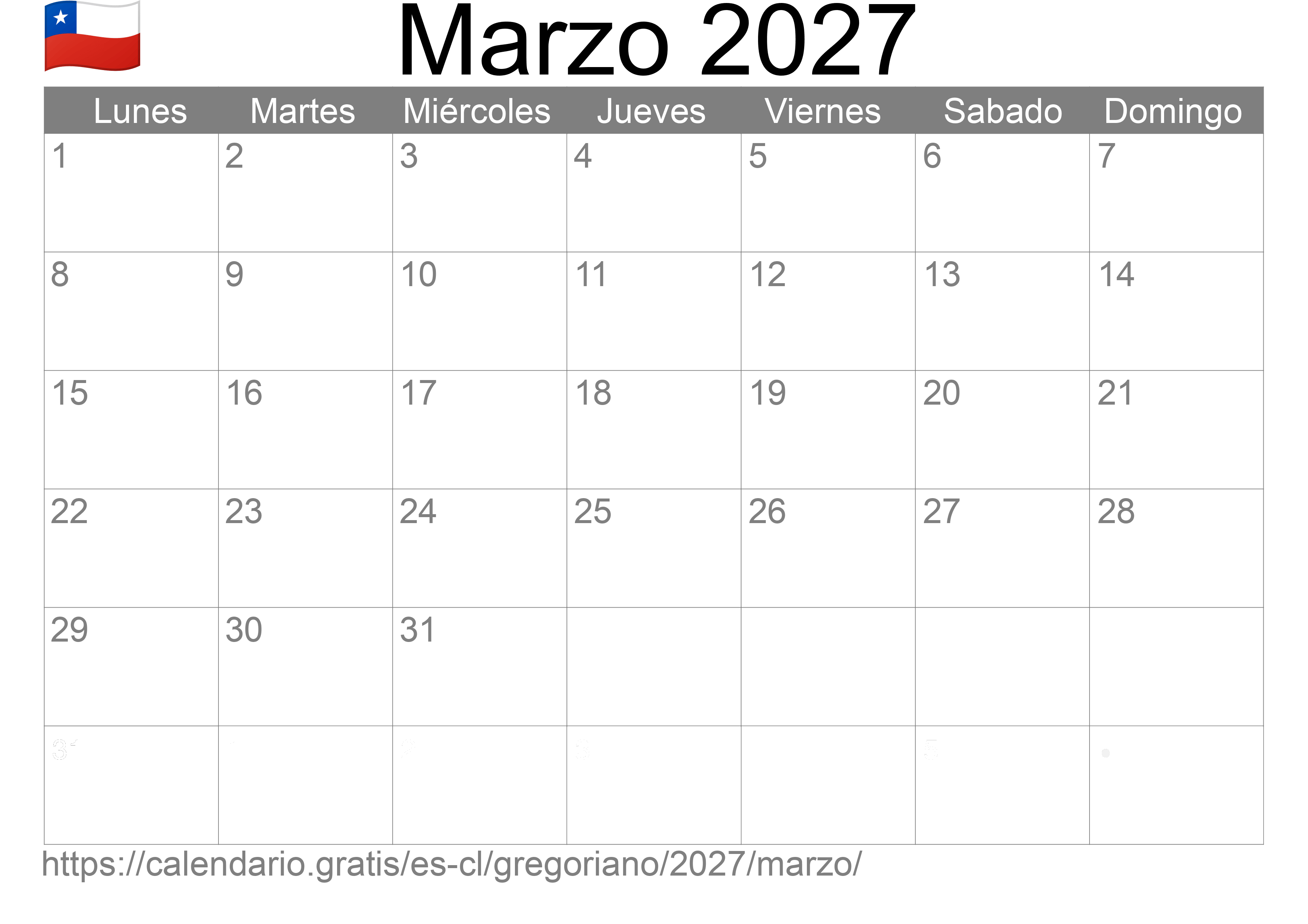 Calendario Marzo 2027 para imprimir