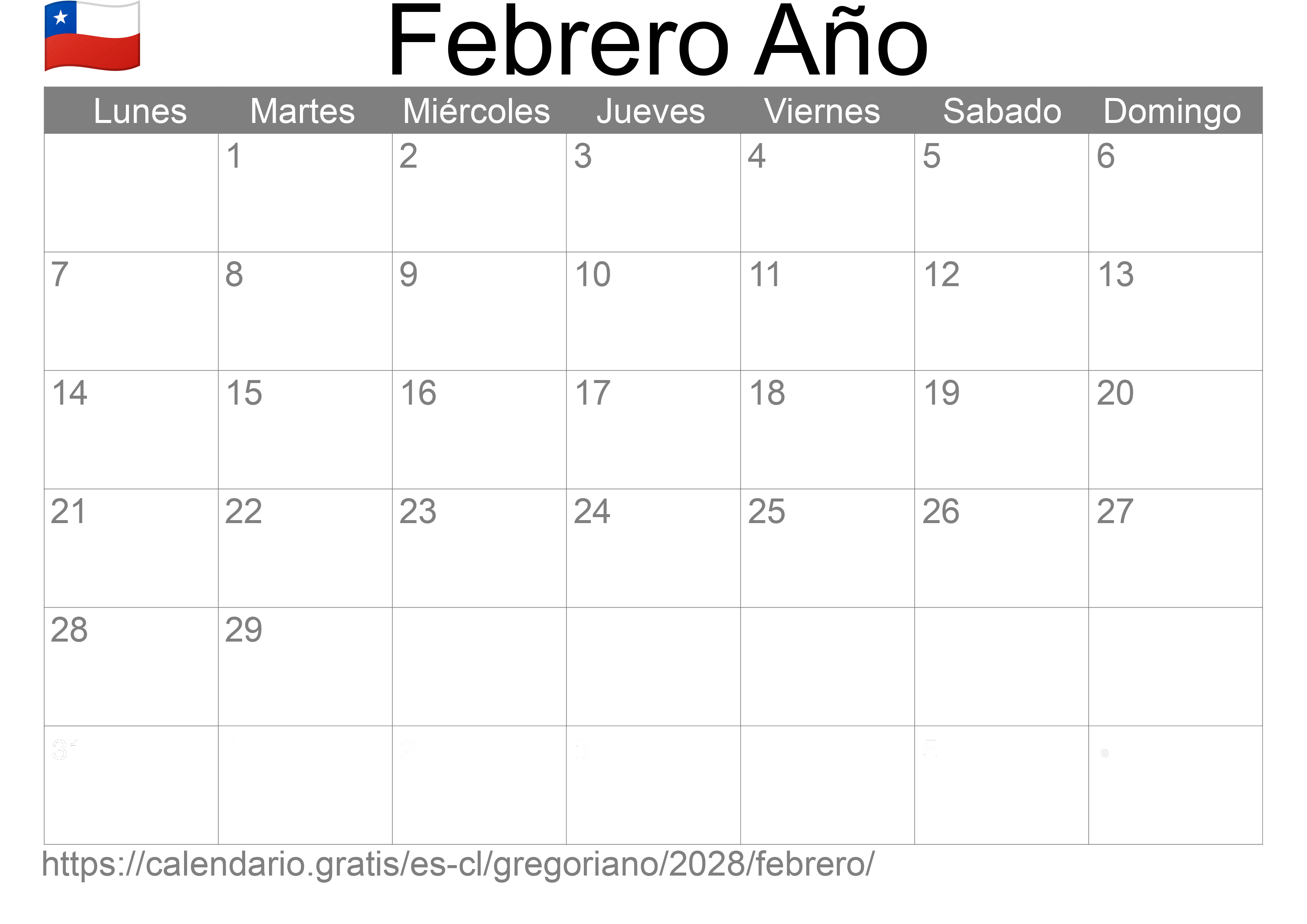 Calendario Febrero 2028 para imprimir