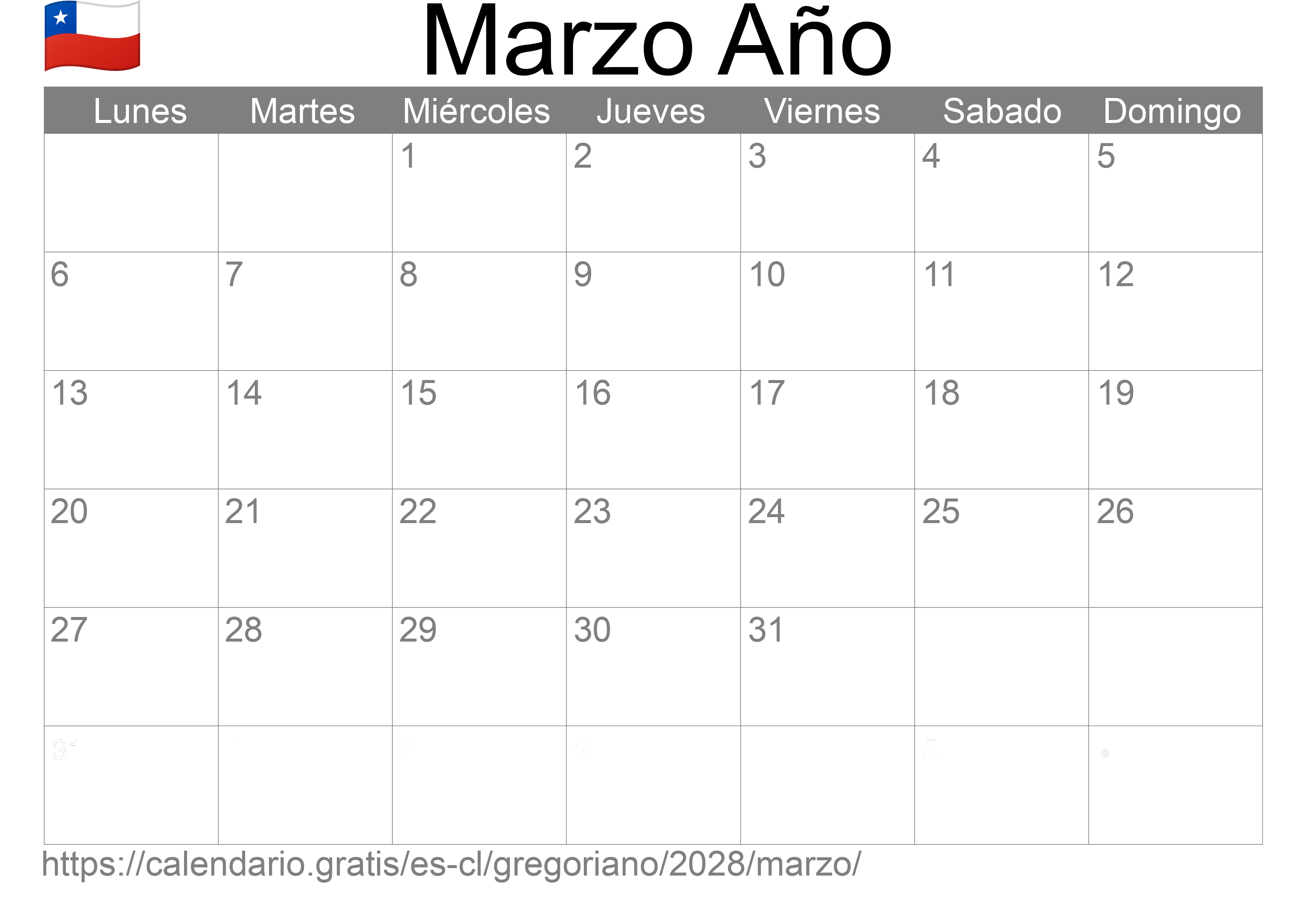 Calendario Marzo 2028 para imprimir