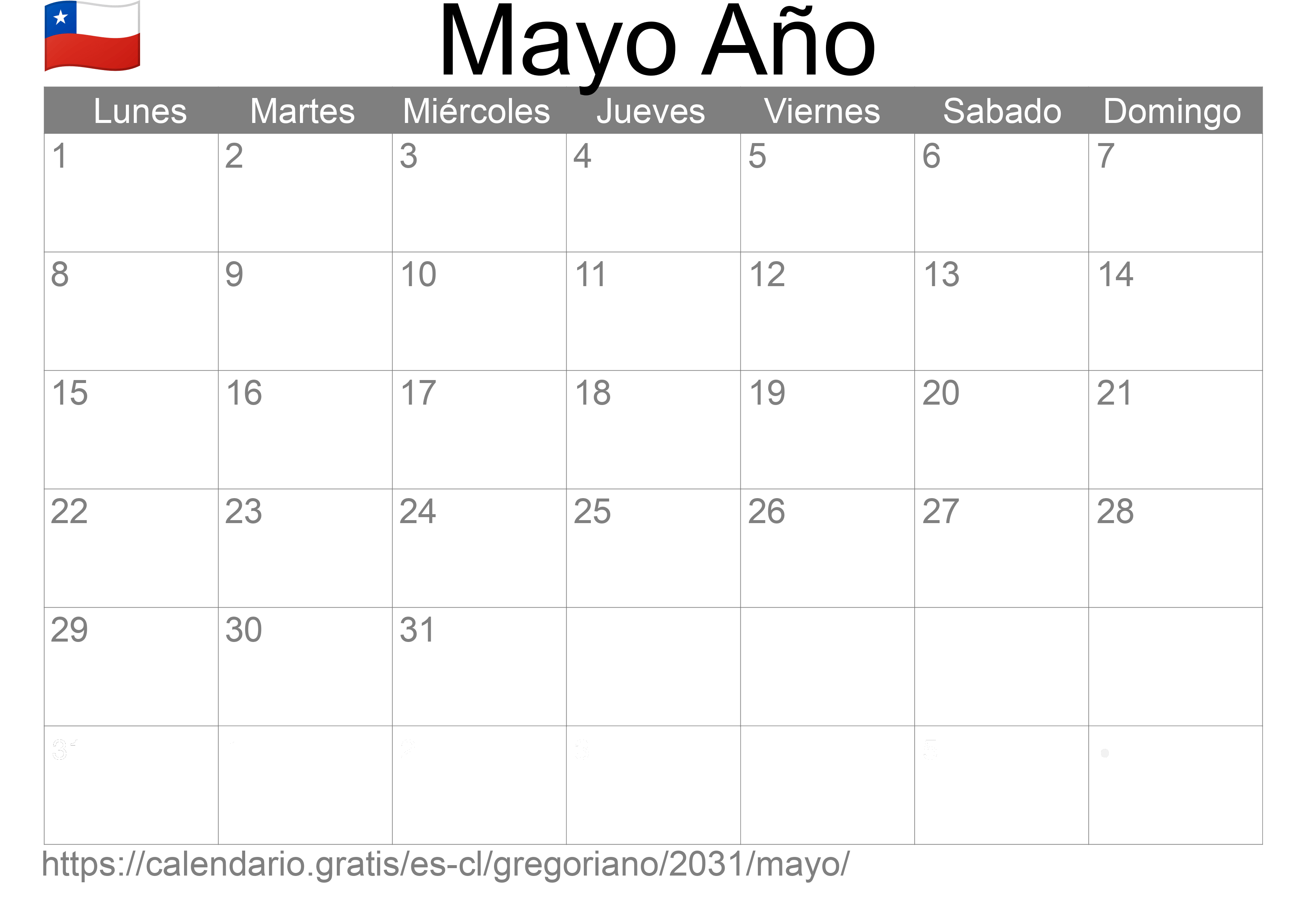 Calendario Mayo 2031 para imprimir