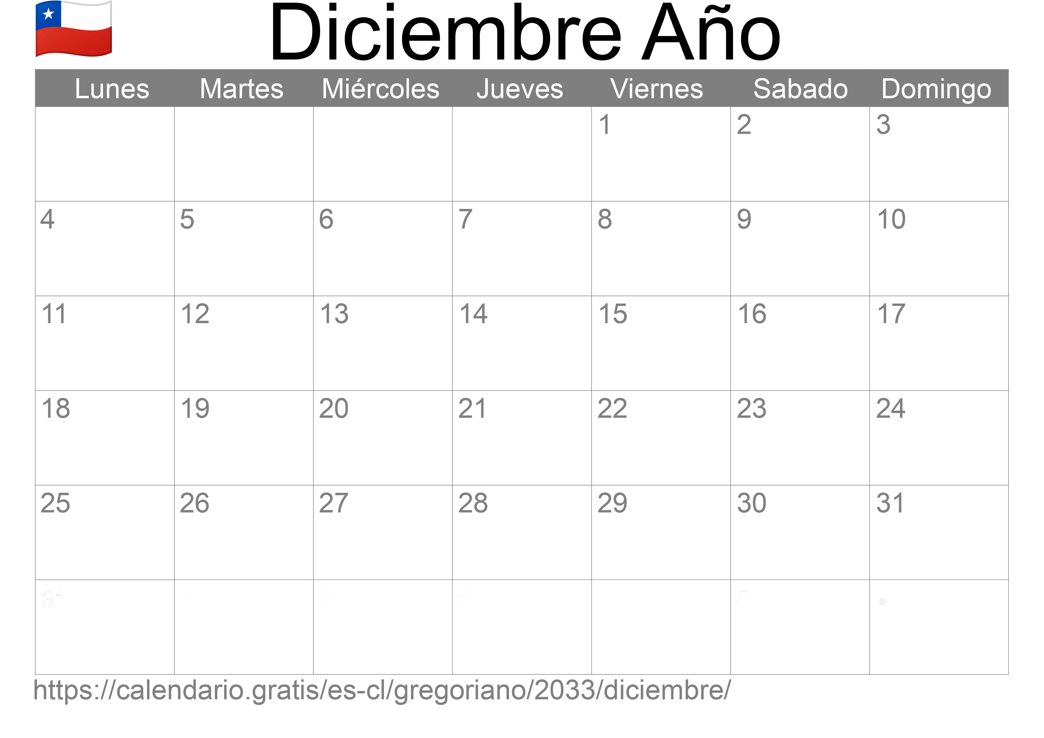 Calendario Diciembre 2033 para imprimir