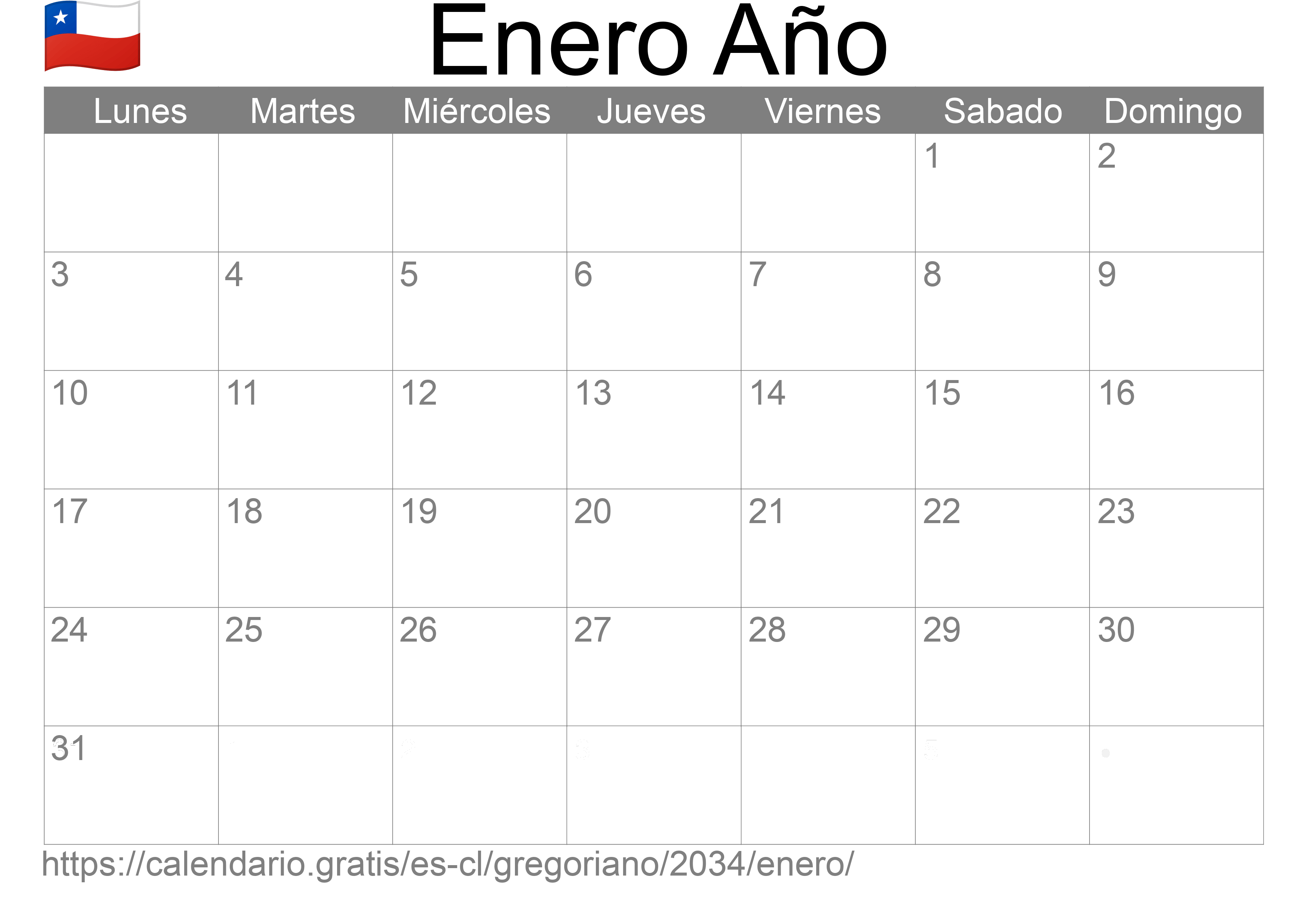 Calendario Enero 2034 para imprimir