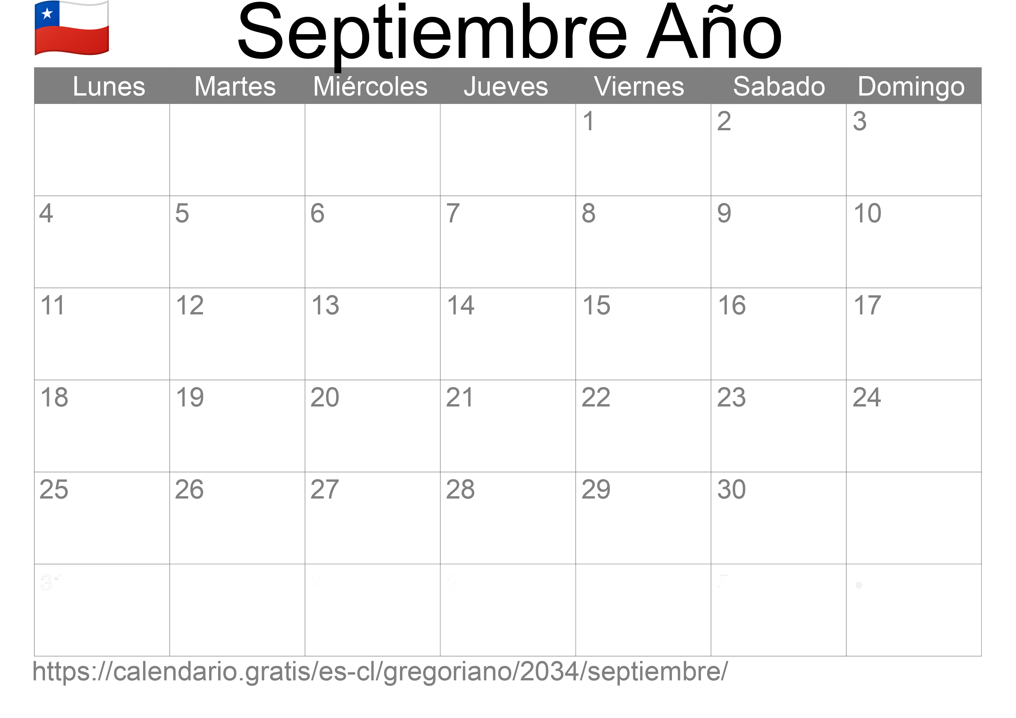 Calendario Septiembre 2034 para imprimir