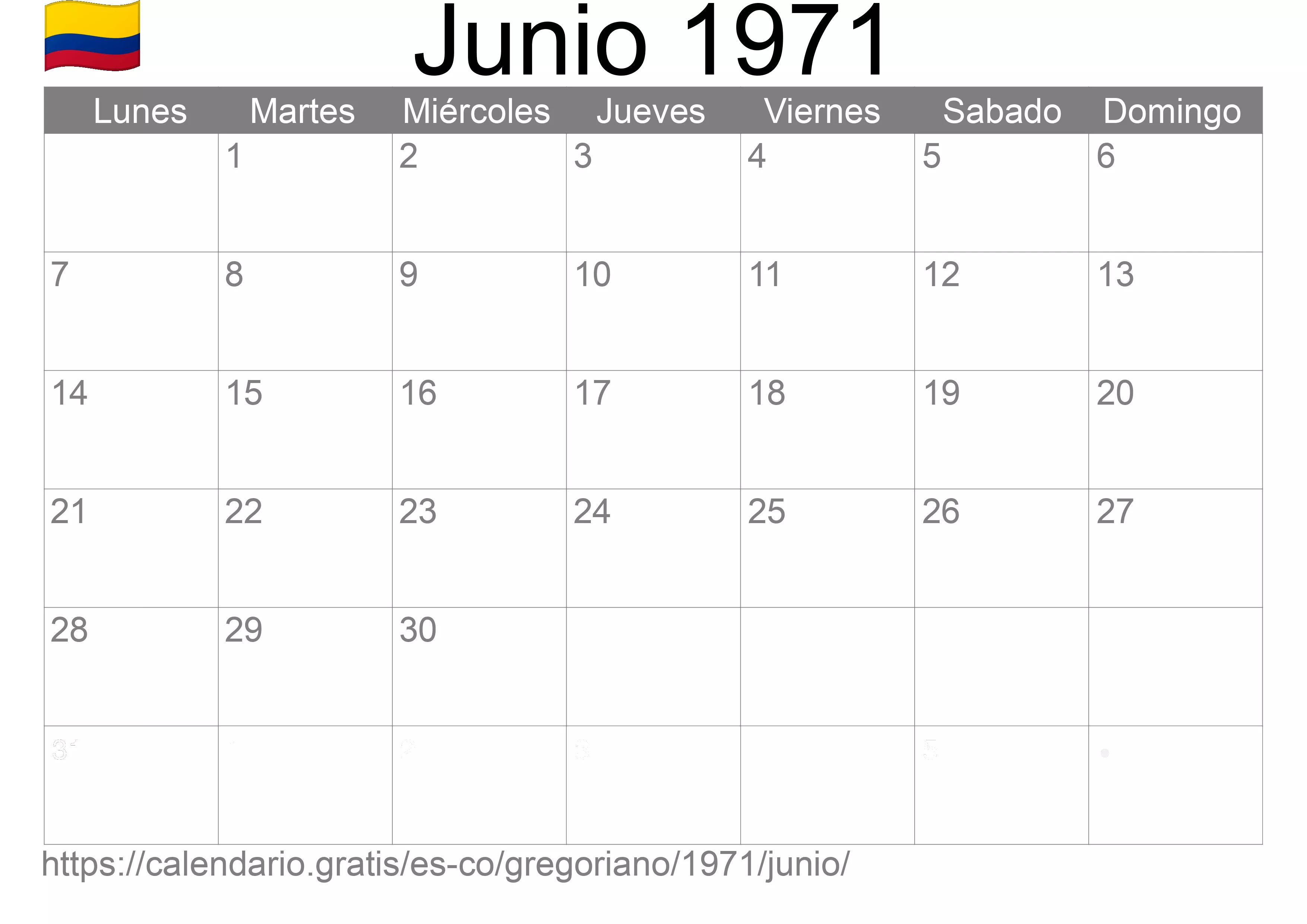 Calendario Junio 1971 para imprimir (Colombia)