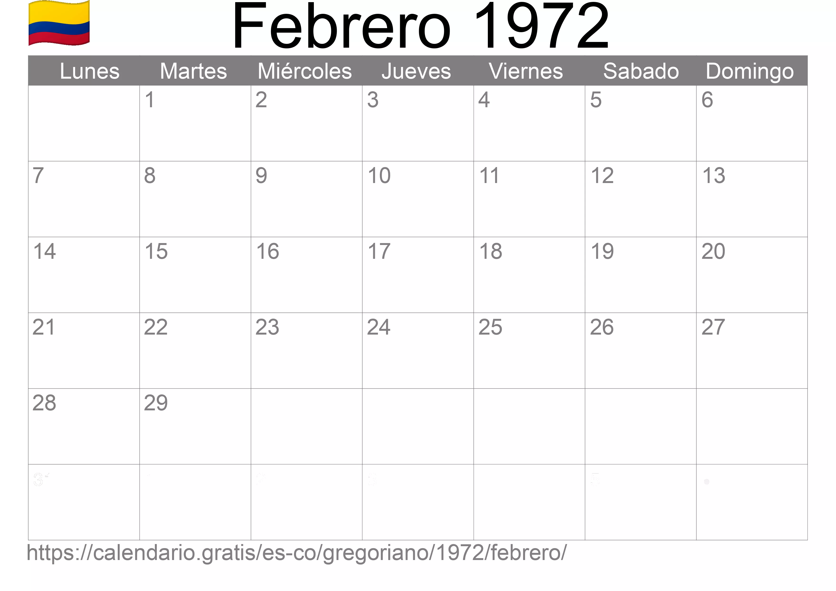 Calendario Febrero 1972 para imprimir (Colombia)