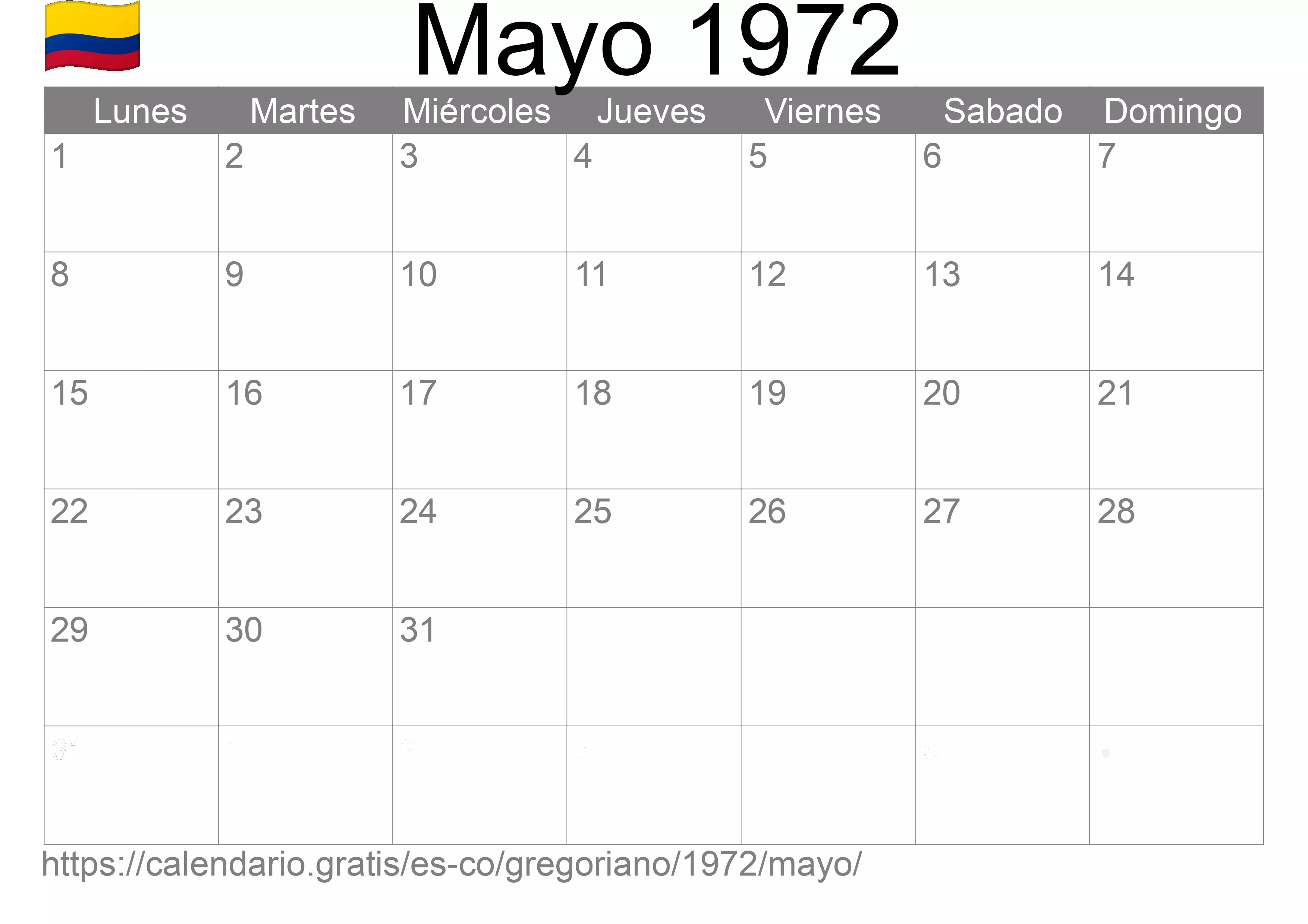 Calendario Mayo 1972 para imprimir (Colombia)