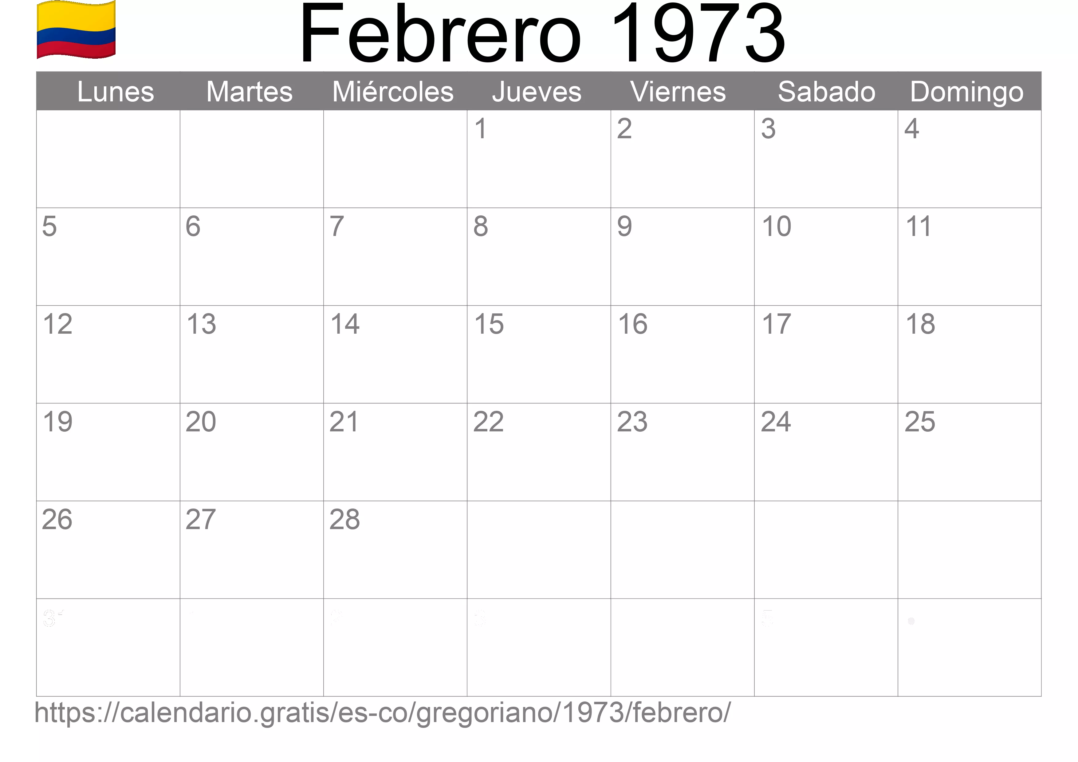 Calendario Febrero 1973 para imprimir (Colombia)