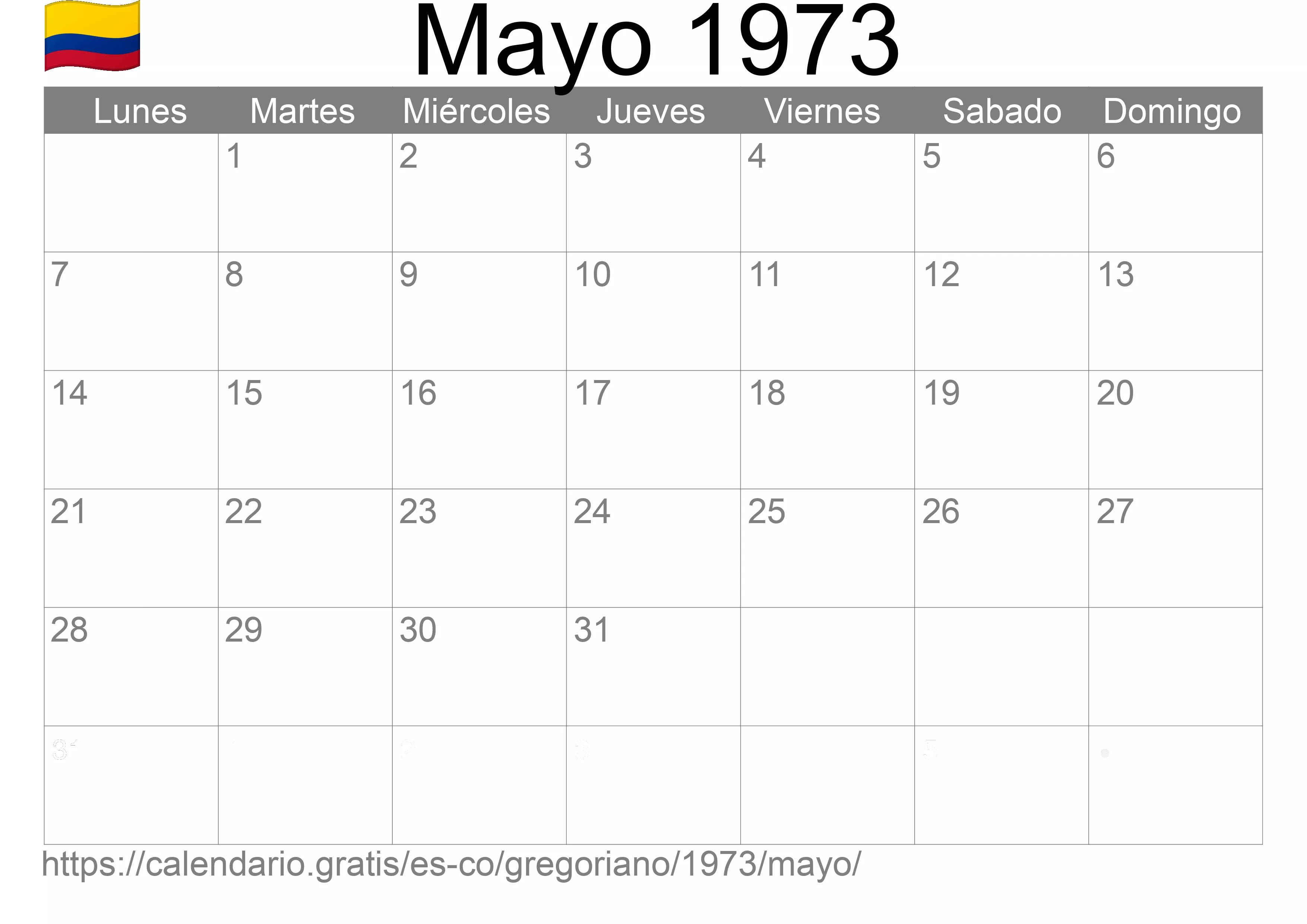 Calendario Mayo 1973 para imprimir (Colombia)