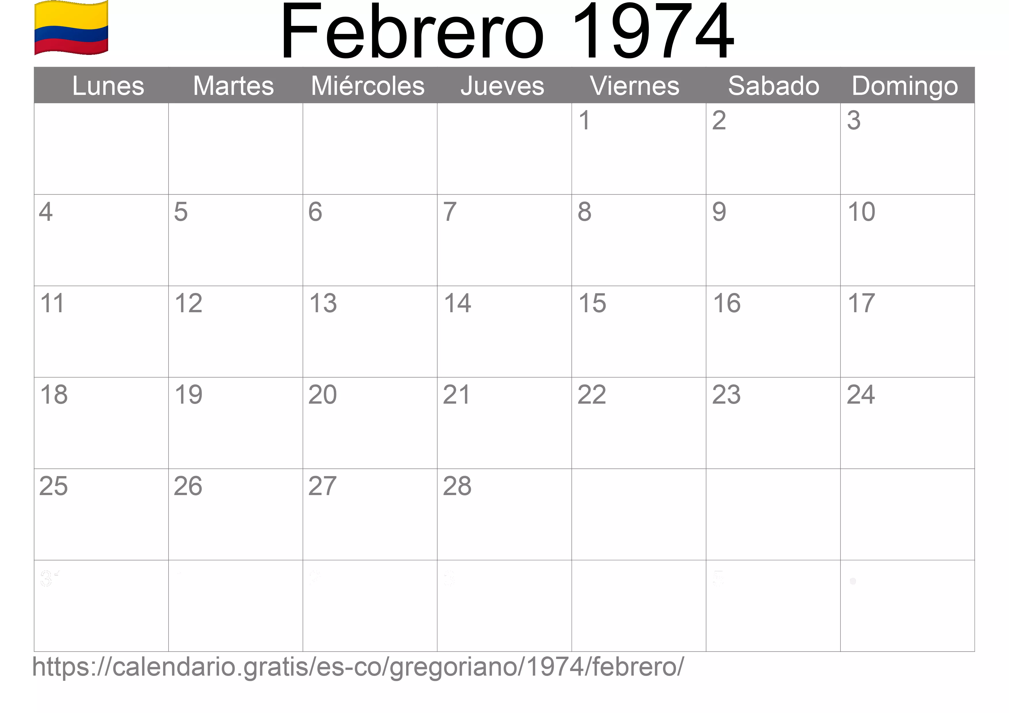 Calendario Febrero 1974 para imprimir (Colombia)