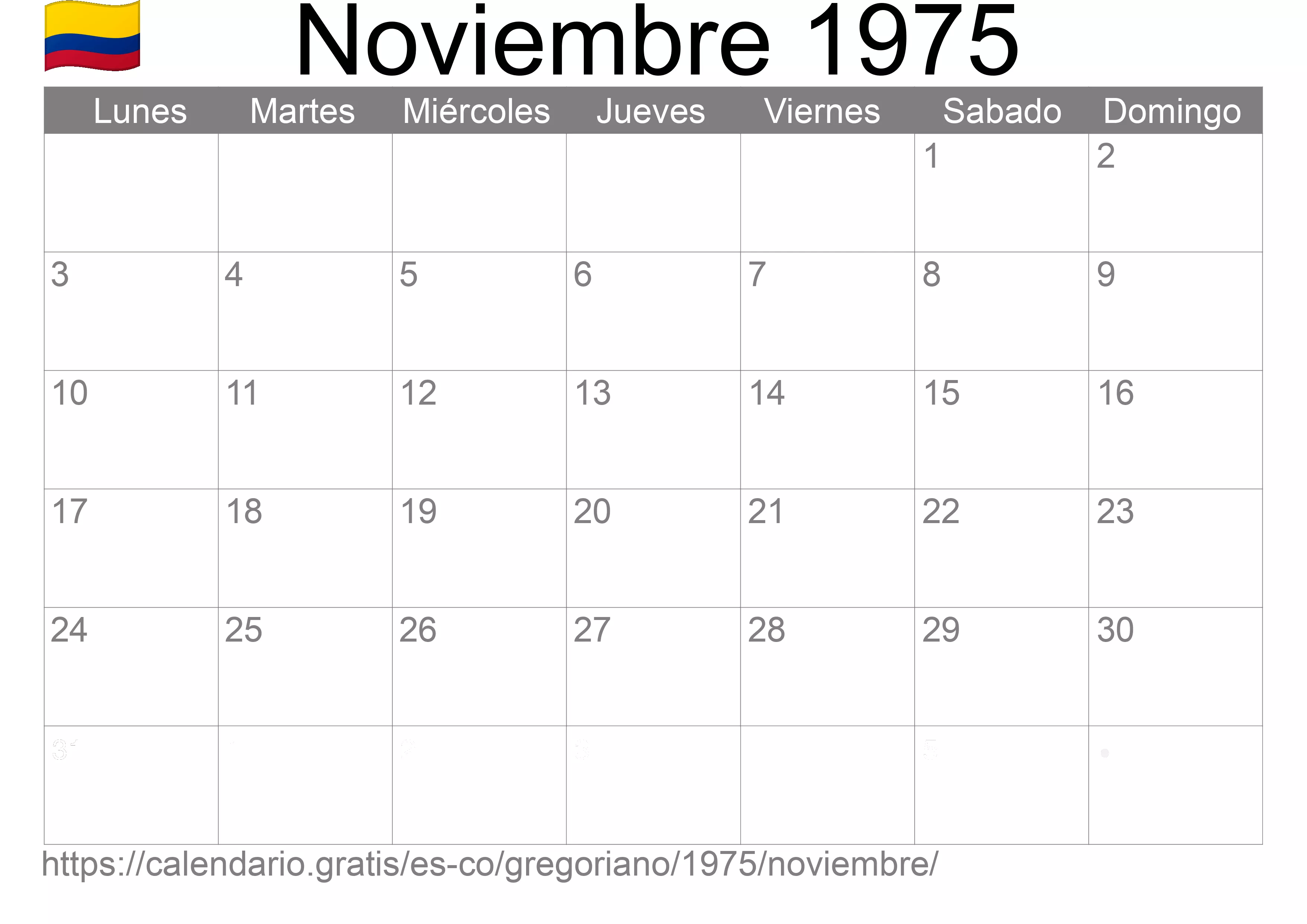 Calendario Noviembre 1975 para imprimir (Colombia)