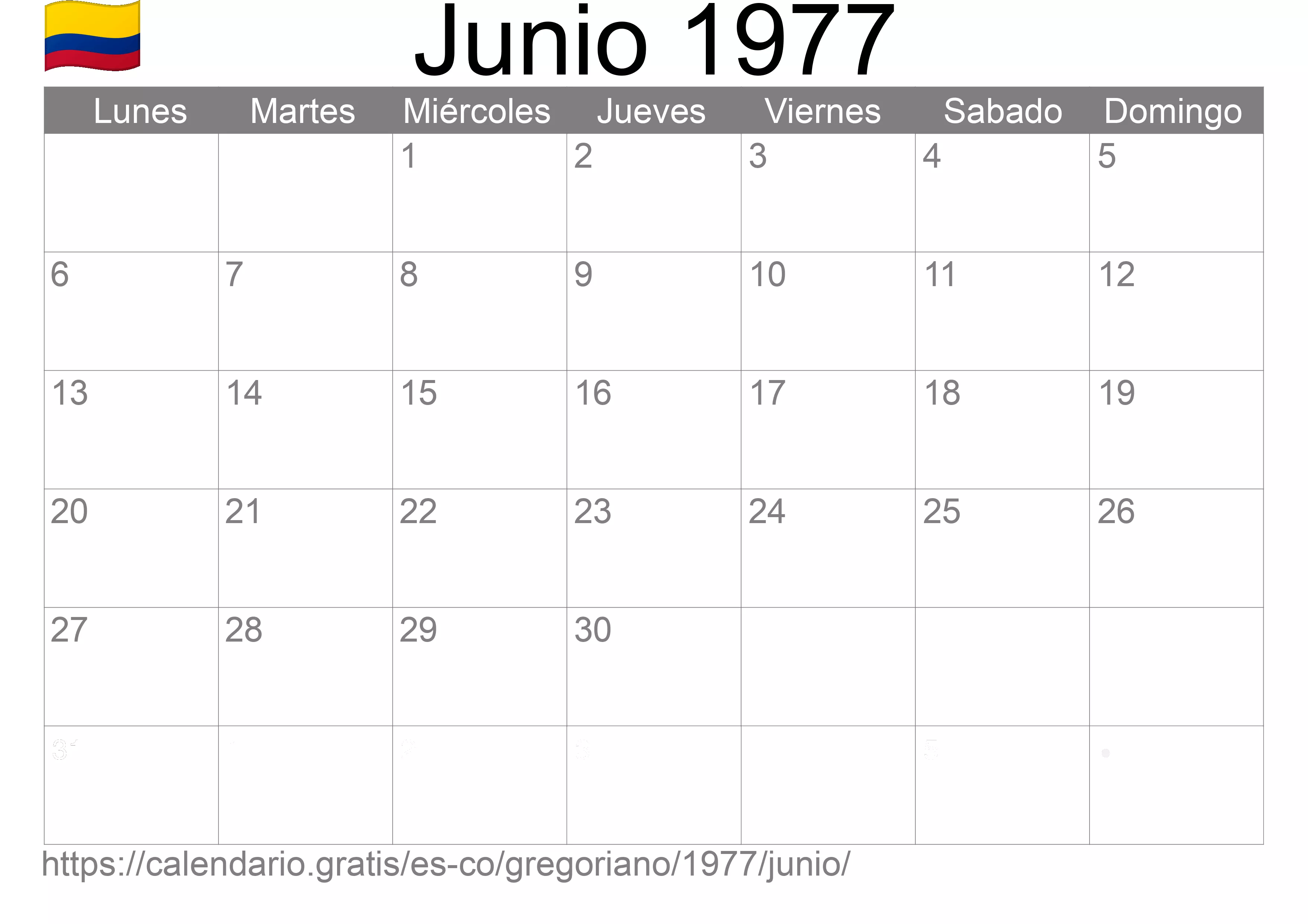 Calendario Junio 1977 para imprimir (Colombia)
