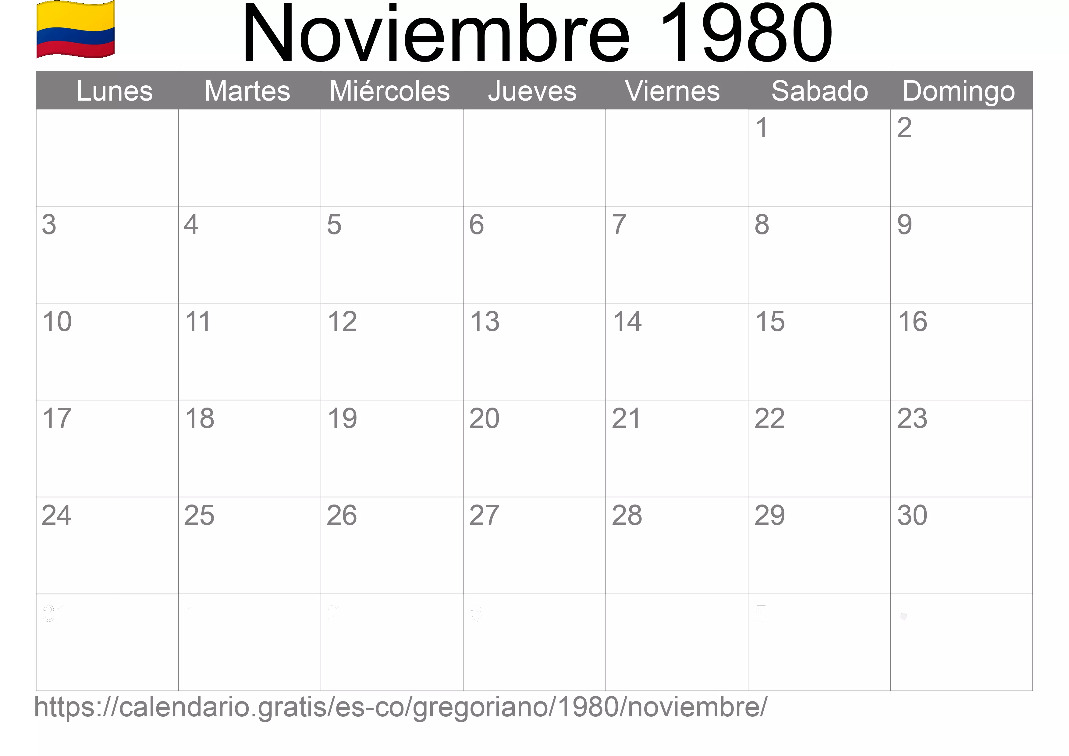 Calendario Noviembre 1980 para imprimir (Colombia)