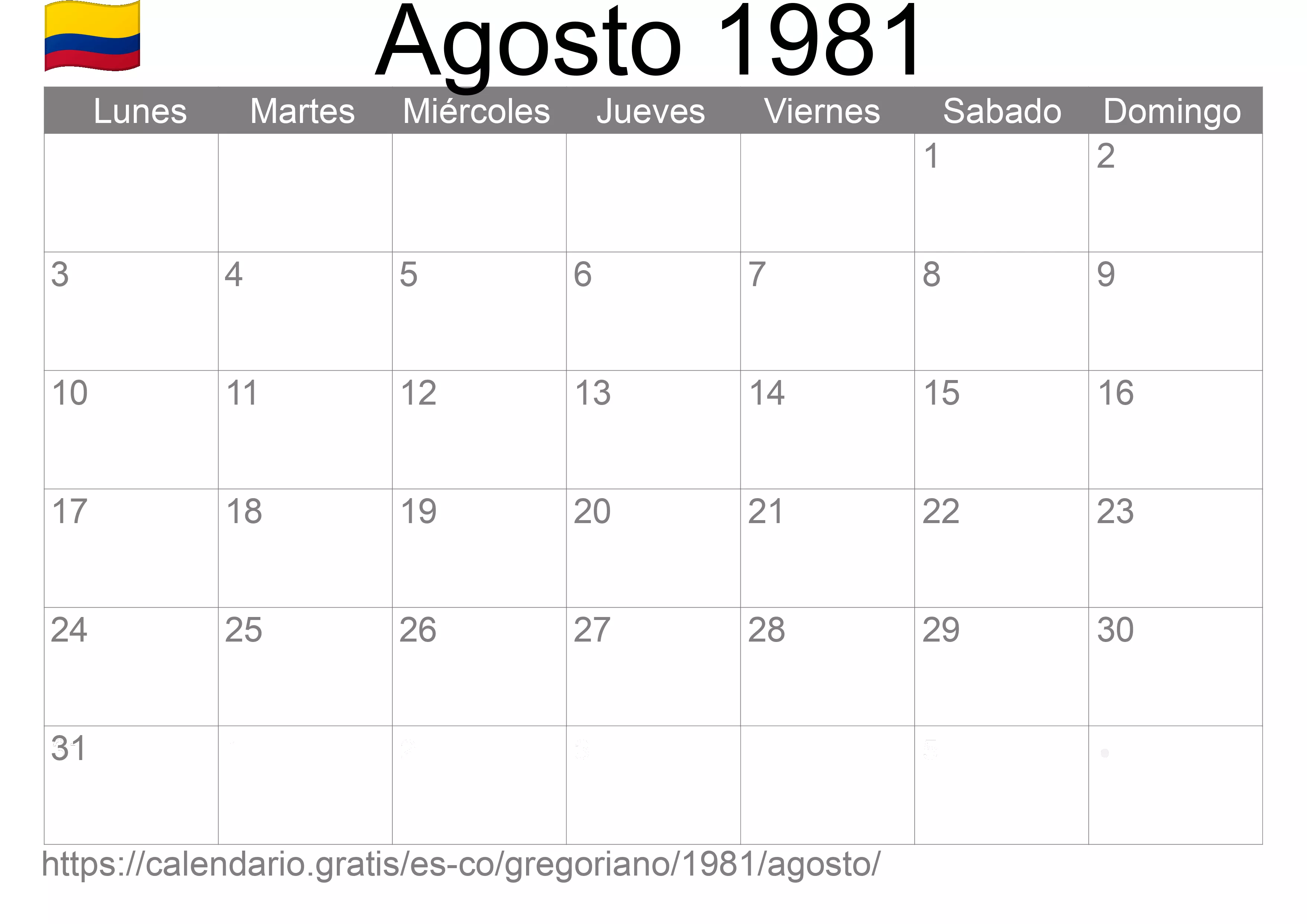 Calendario Agosto 1981 para imprimir (Colombia)