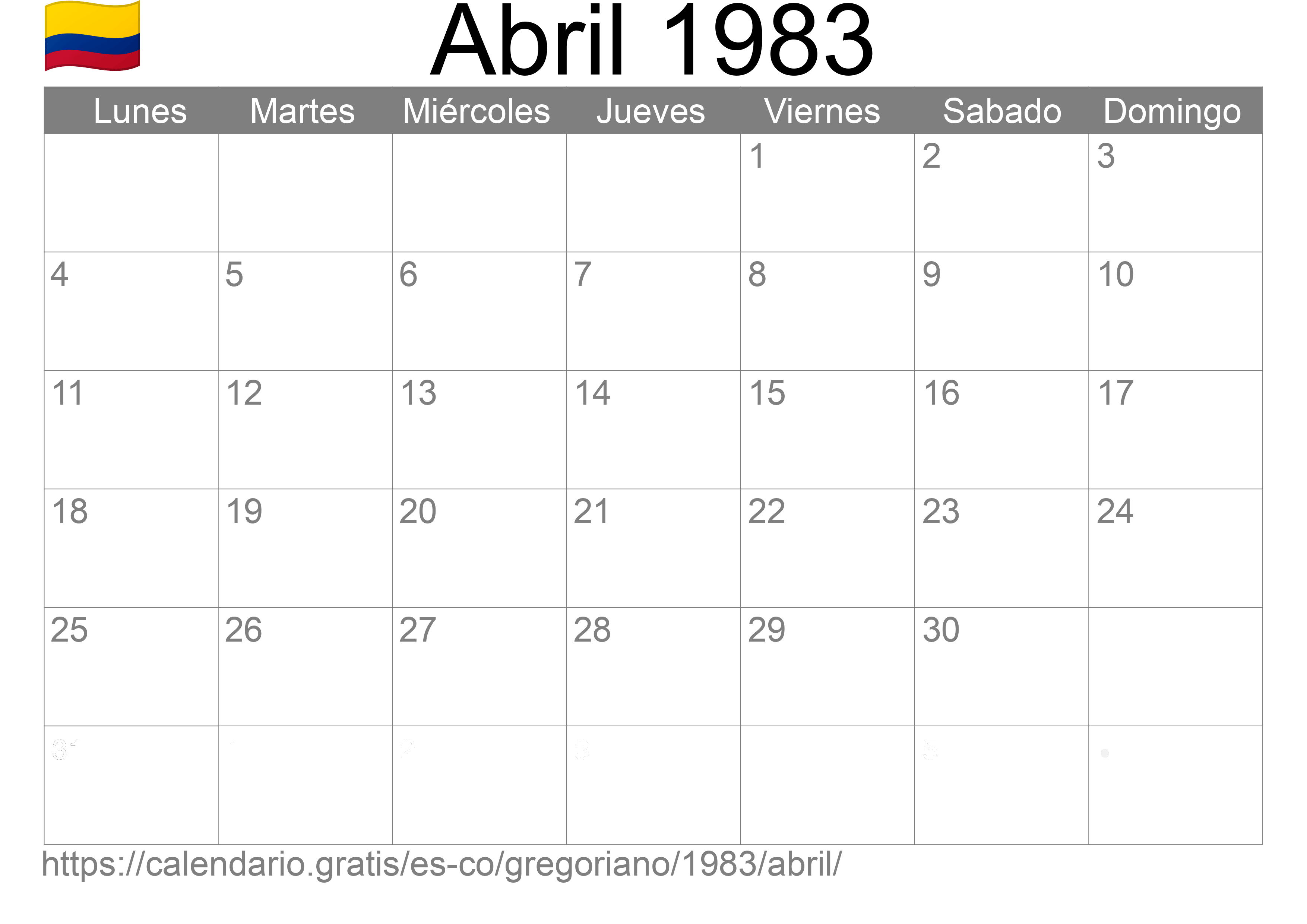 Calendario Abril 1983 para imprimir