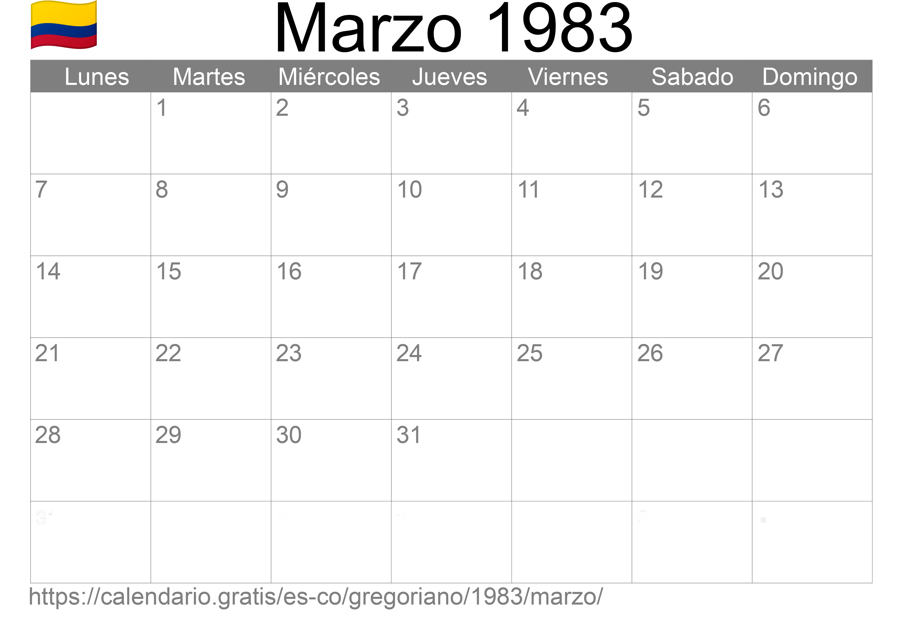 Calendario Marzo 1983 para imprimir