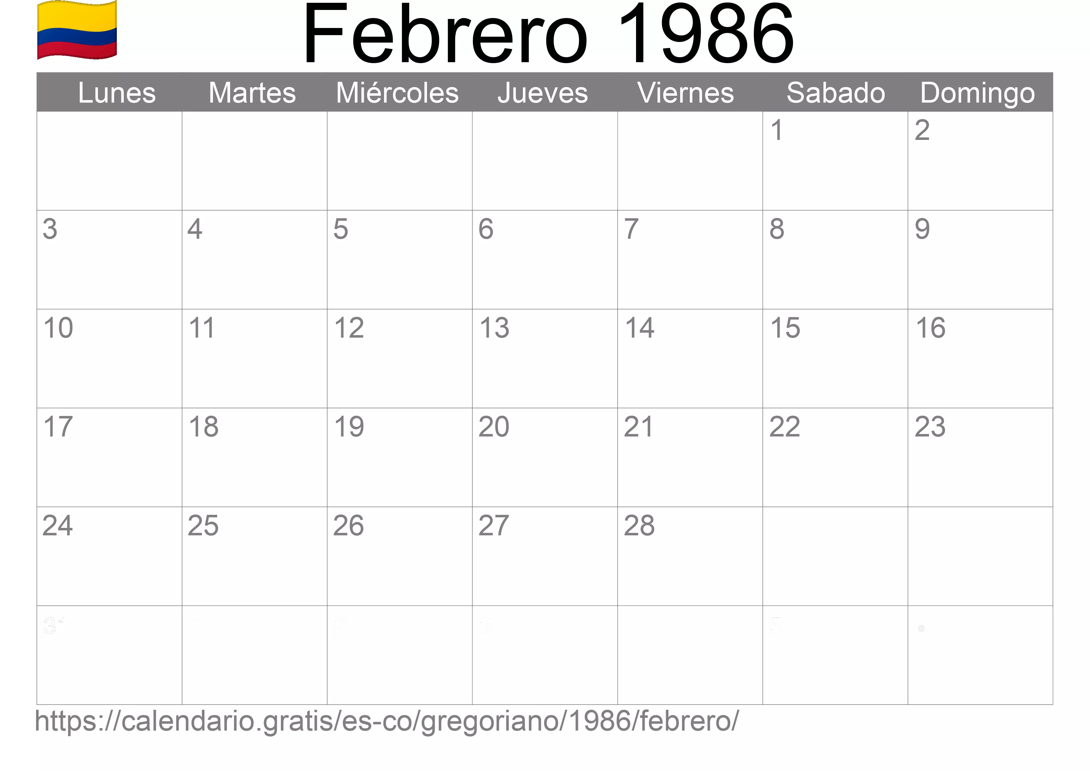 Calendario Febrero 1986 para imprimir (Colombia)