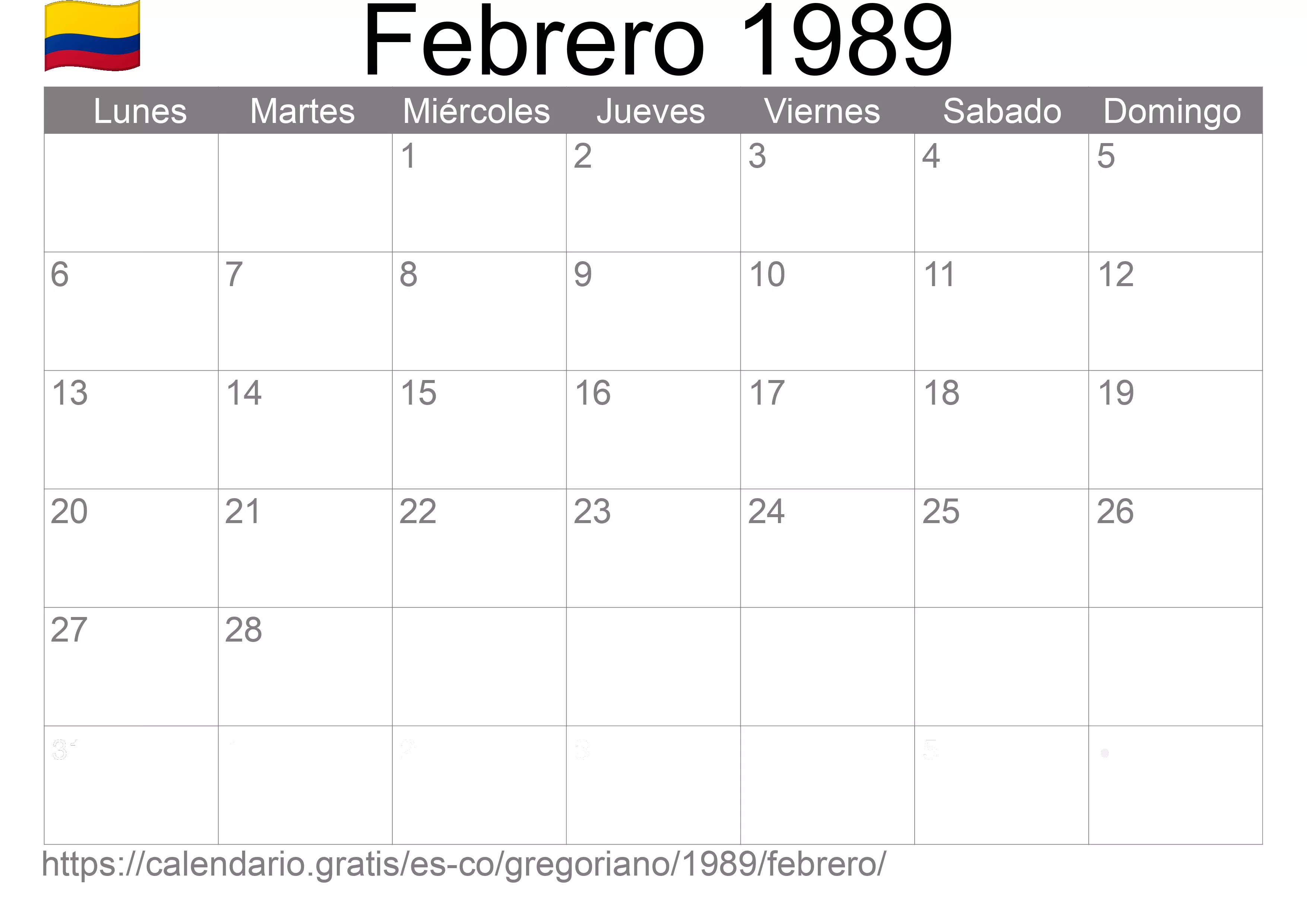 Calendario Febrero 1989 para imprimir (Colombia)