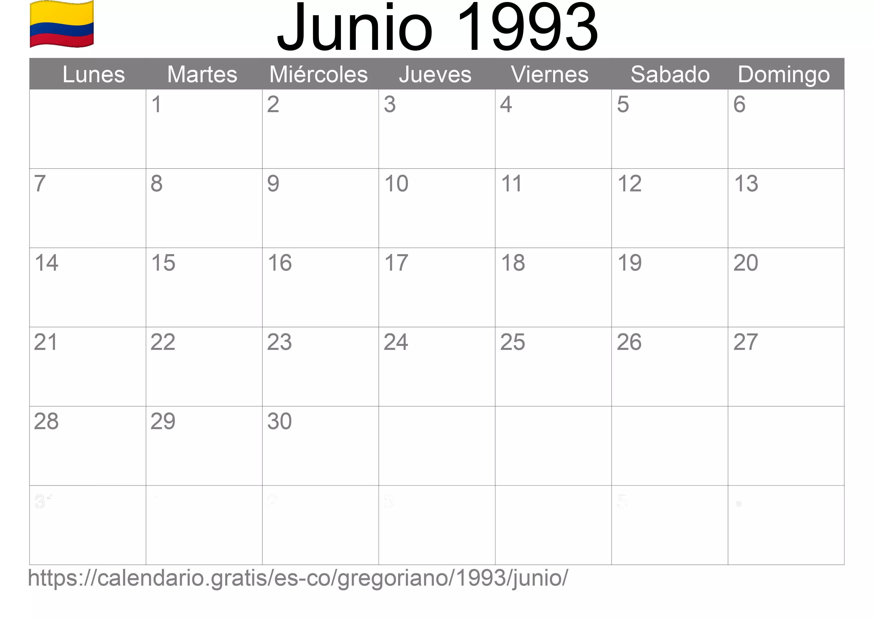Calendario Junio 1993 para imprimir (Colombia)