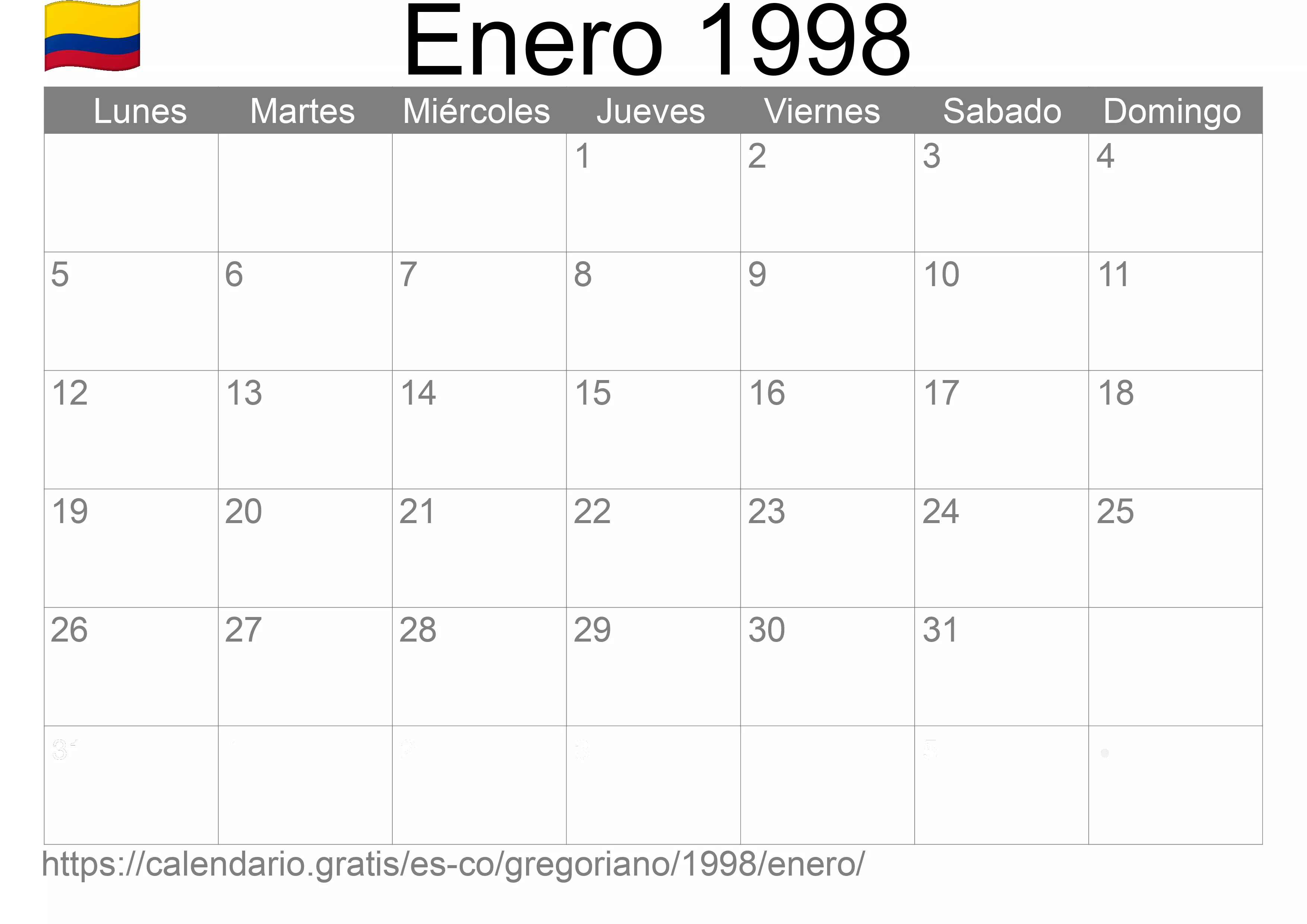 Calendario Enero 1998 para imprimir (Colombia)