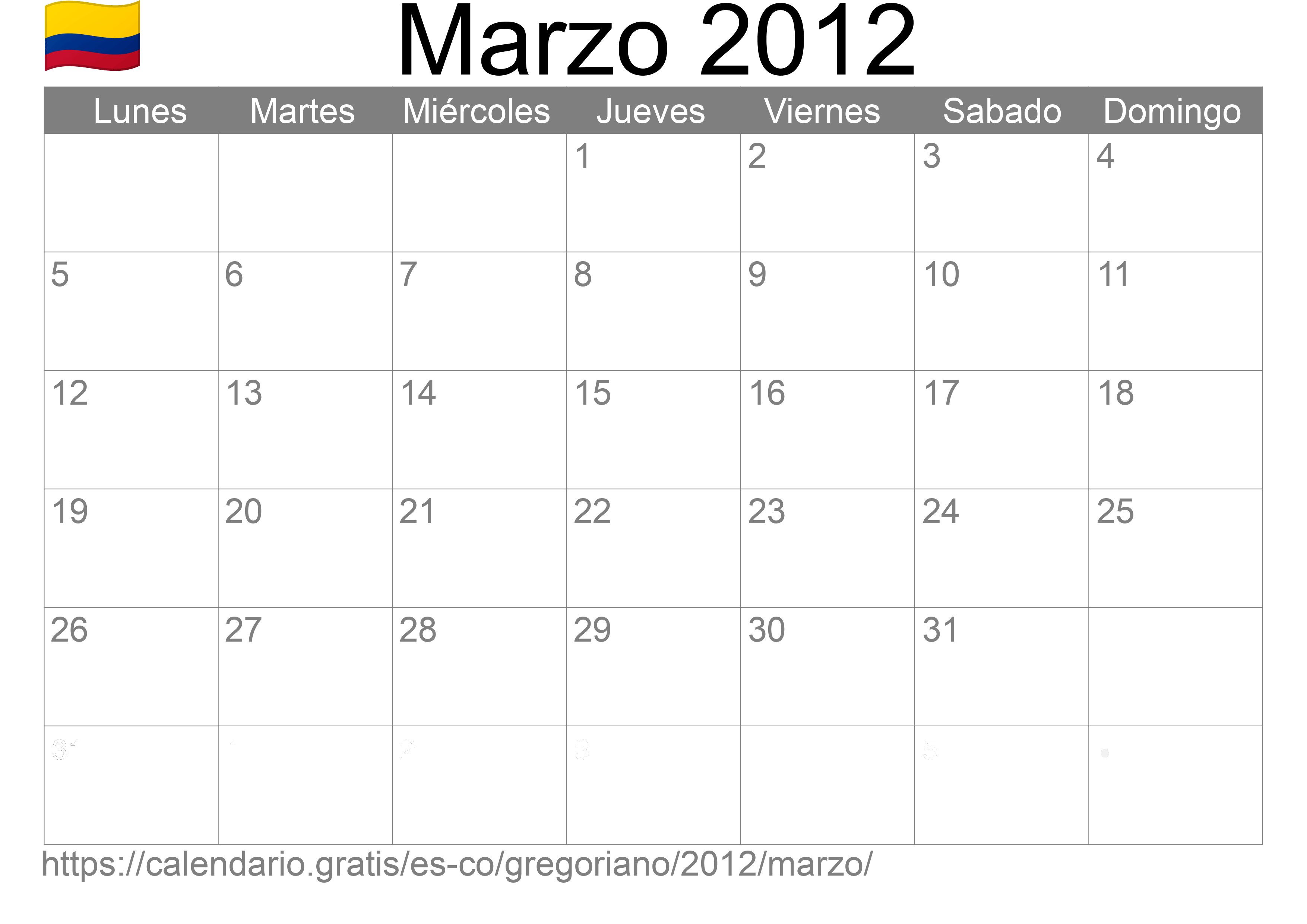 Calendario Marzo 2012 para imprimir