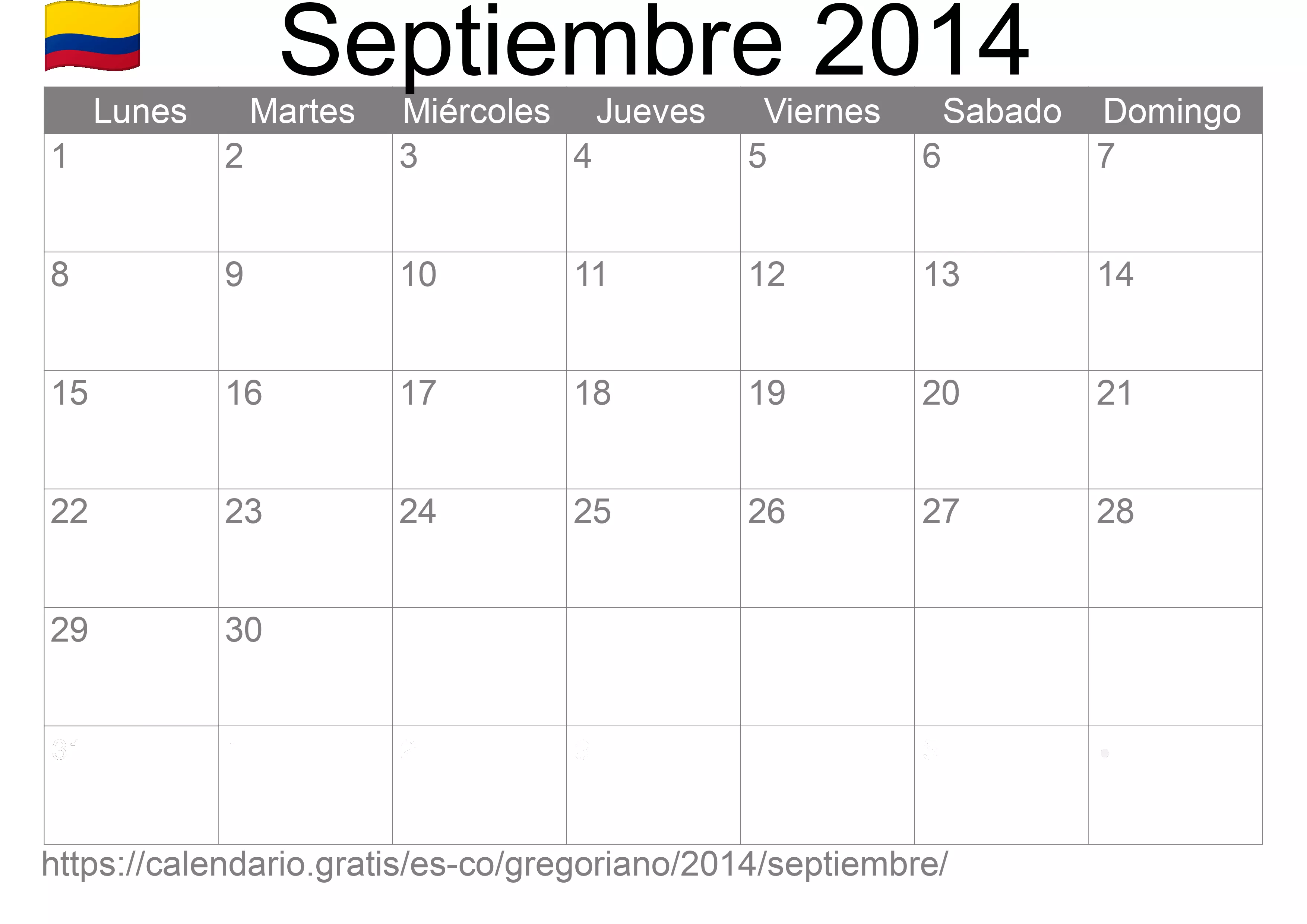 Calendario Septiembre 2014 para imprimir (Colombia)