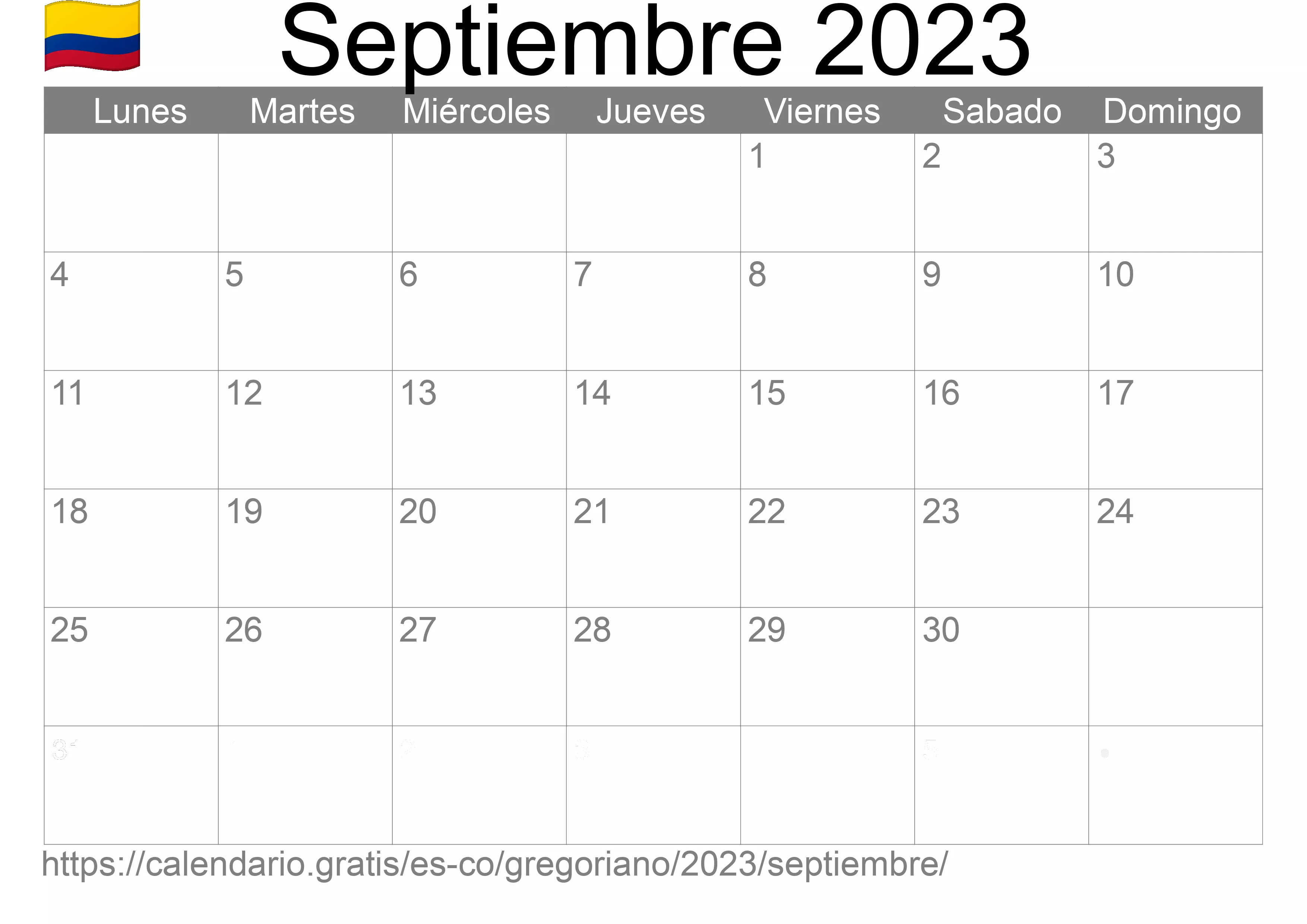 Calendario Septiembre 2023 para imprimir (Colombia)
