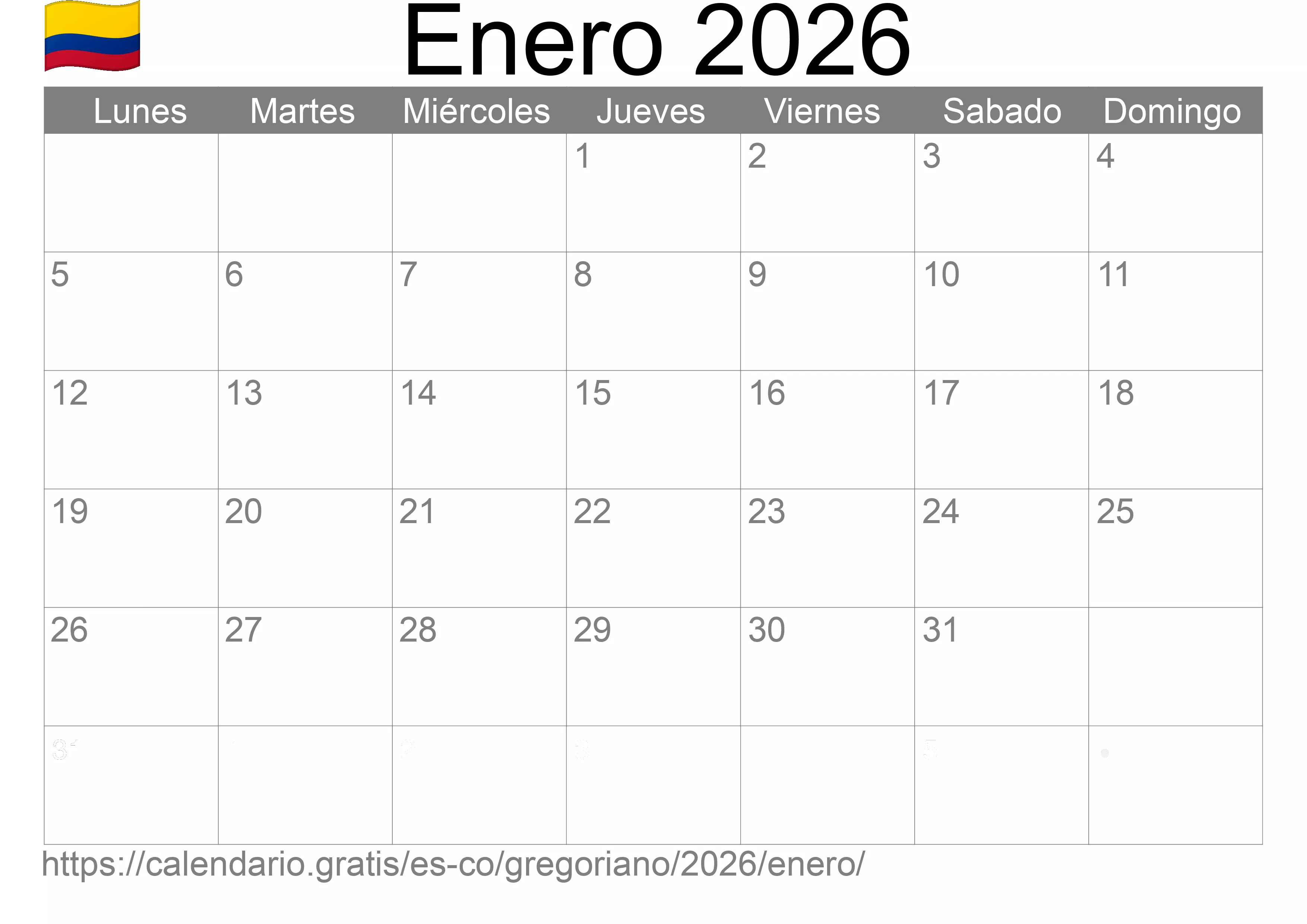 Calendario Enero 2026 para imprimir (Colombia)