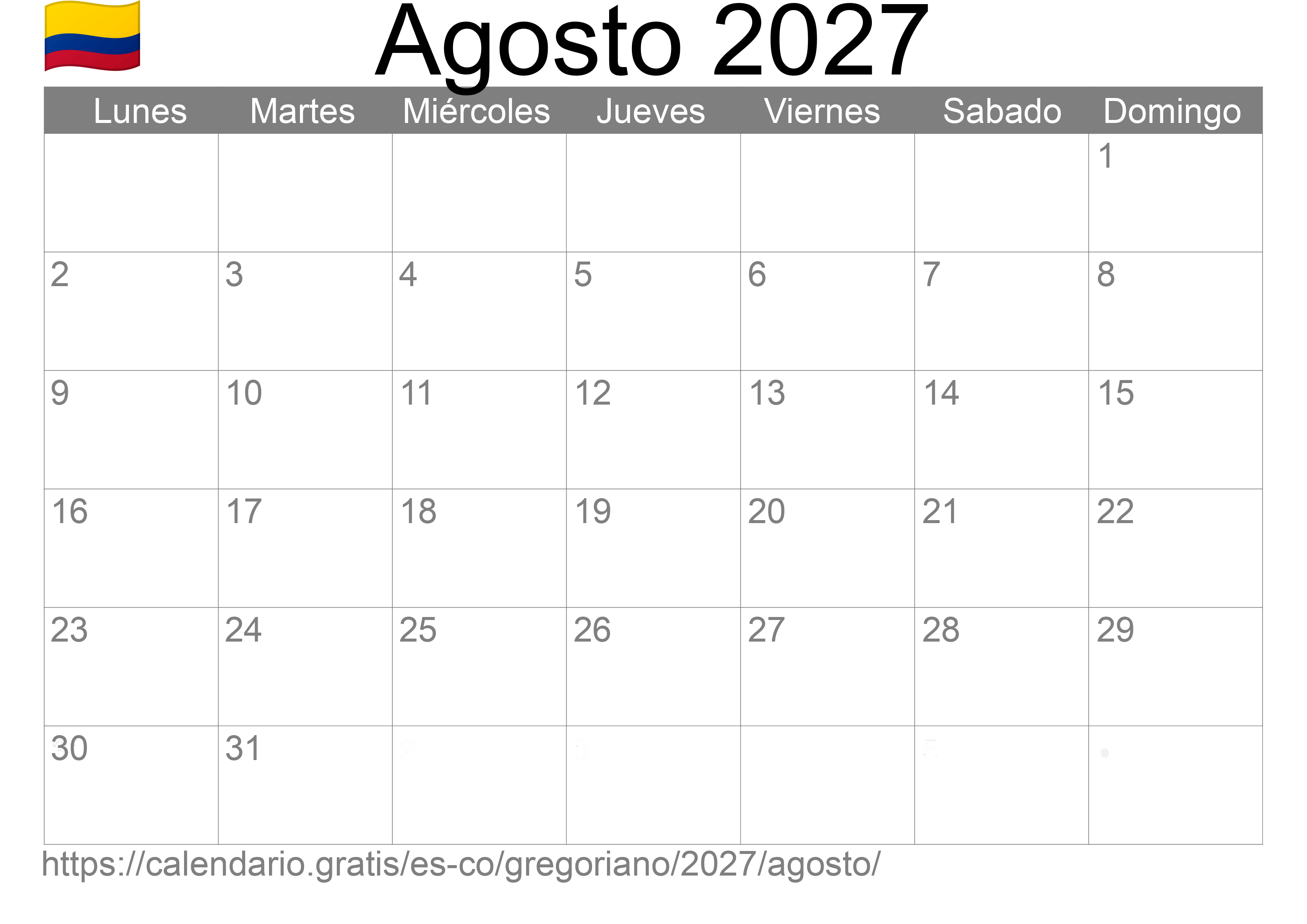 Calendario Agosto 2027 para imprimir