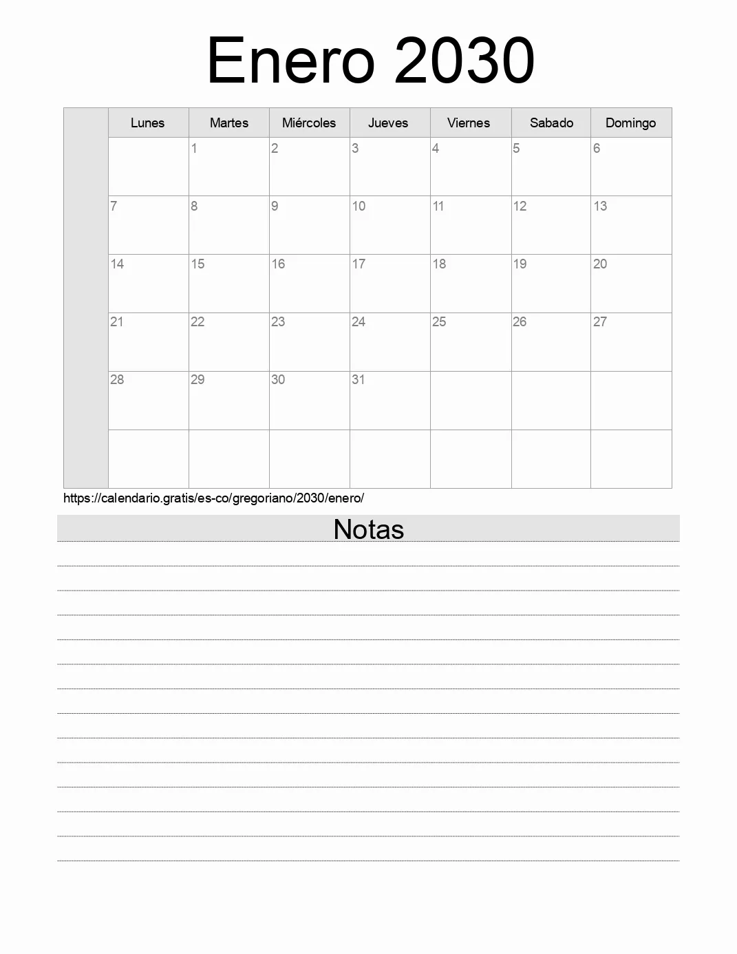 Calendario Enero 2030 para imprimir con notas. (Colombia)