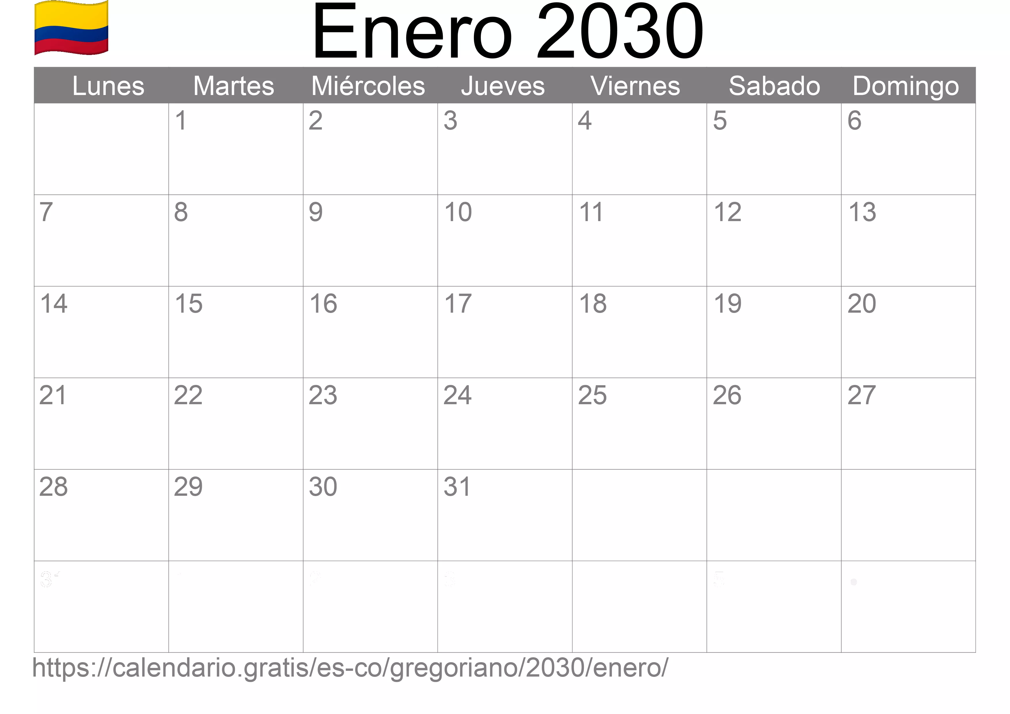 Calendario Enero 2030 para imprimir (Colombia)