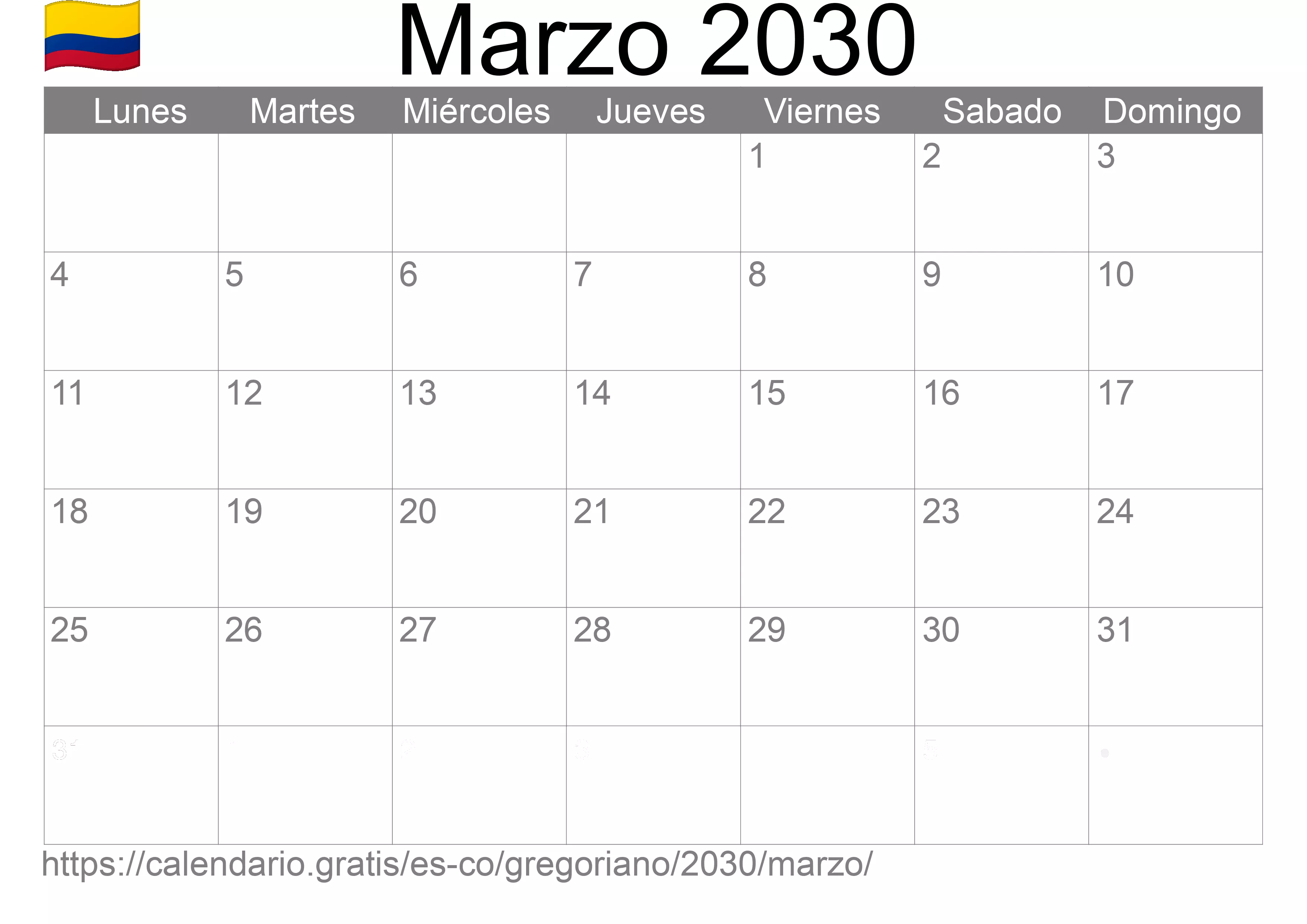 Calendario Marzo 2030 para imprimir (Colombia)