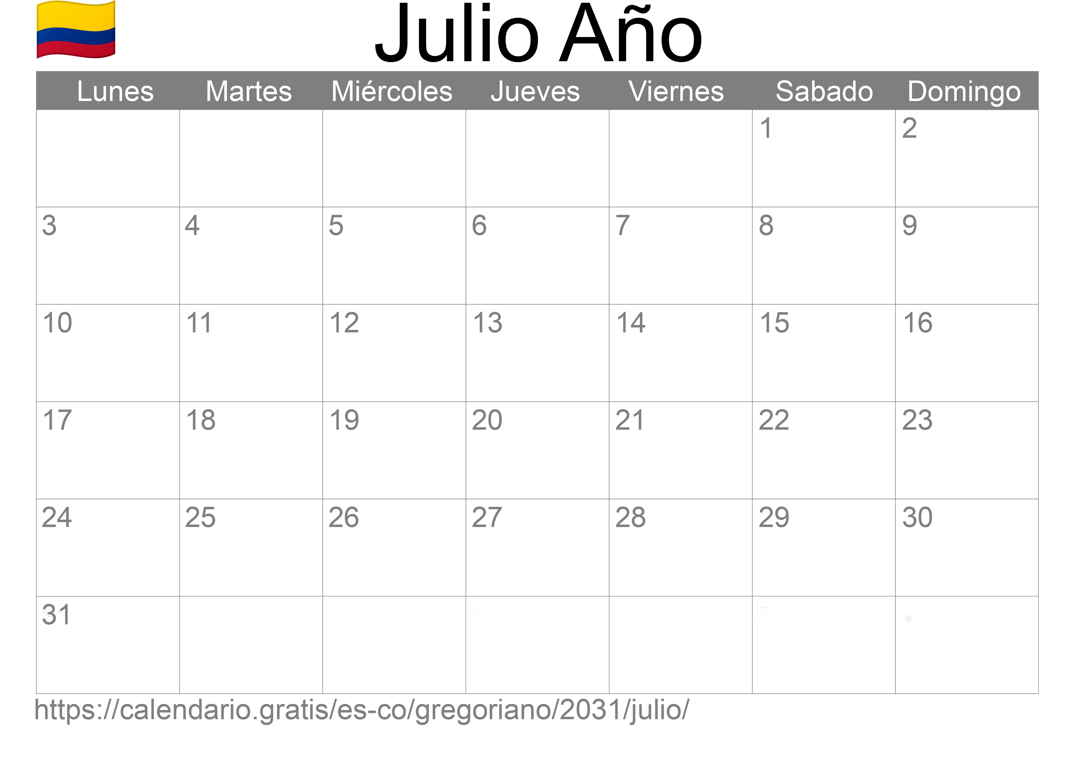 Calendario Julio 2031 para imprimir