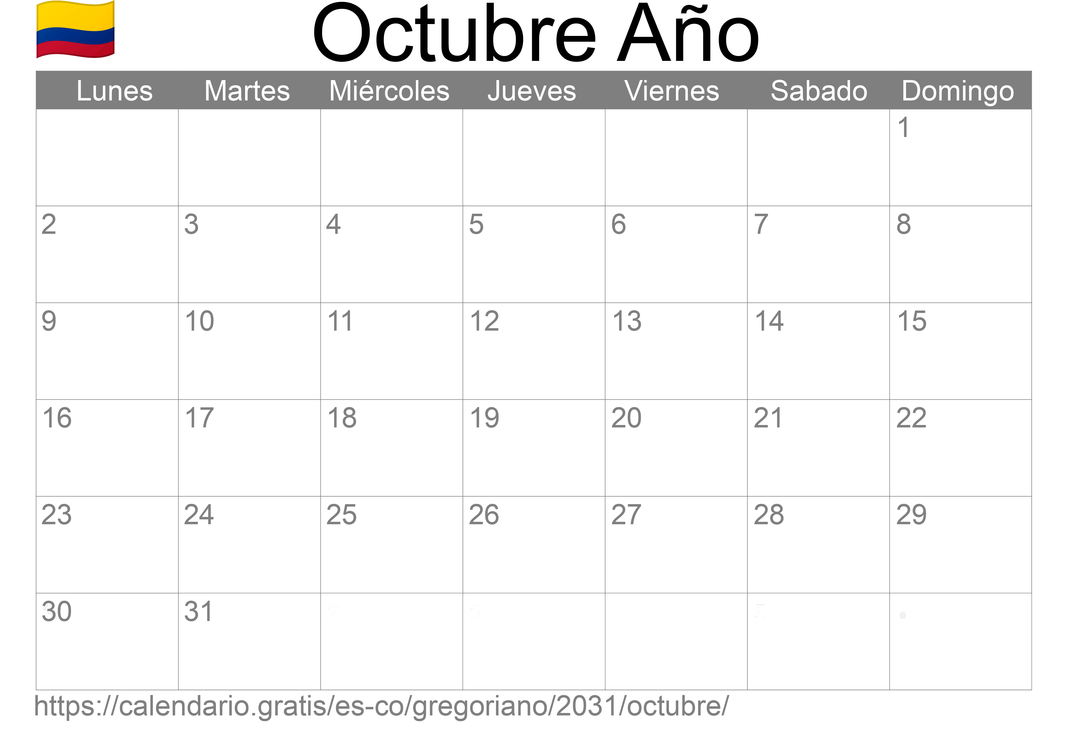 Calendario Octubre 2031 para imprimir