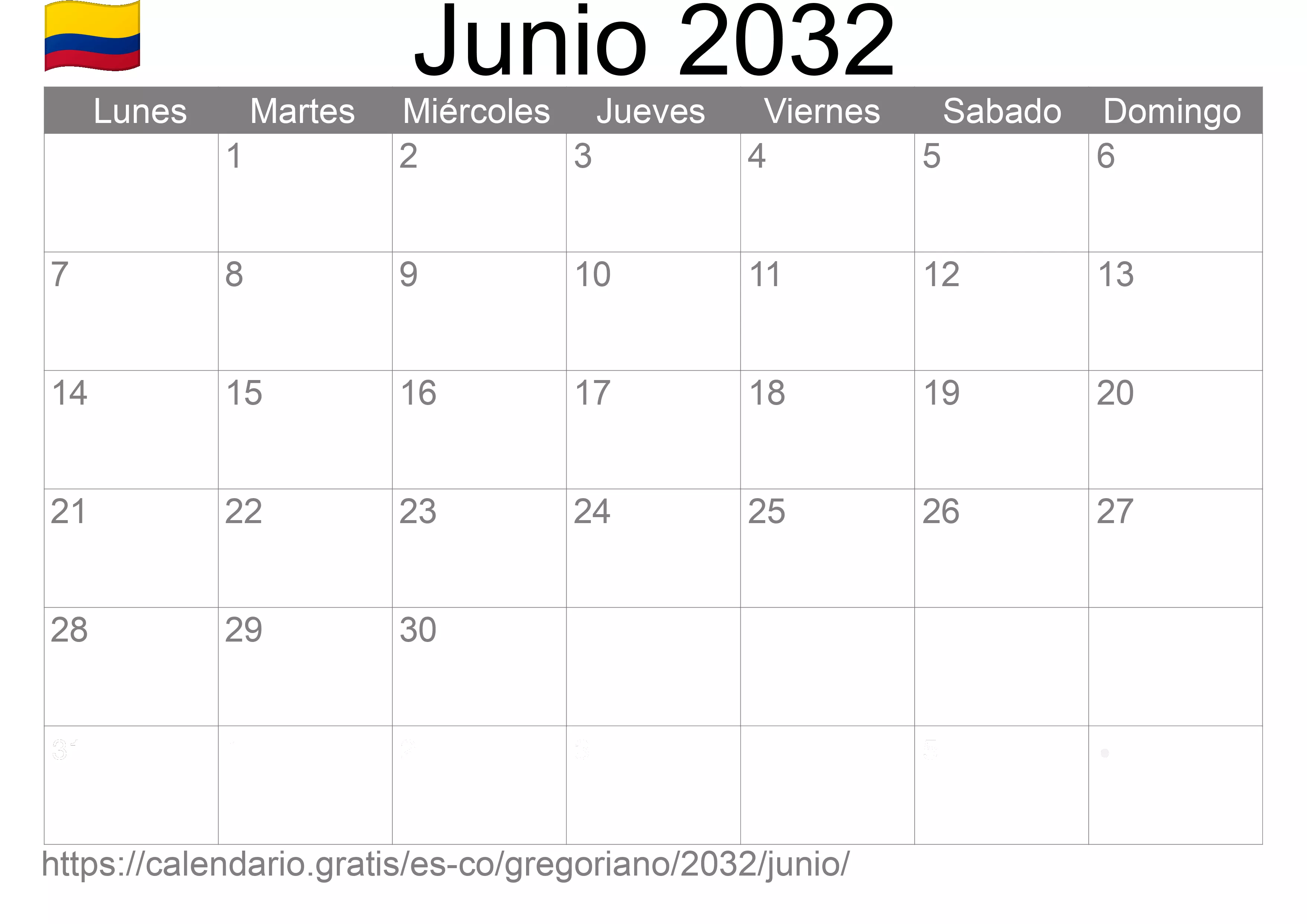 Calendario Junio 2032 para imprimir (Colombia)