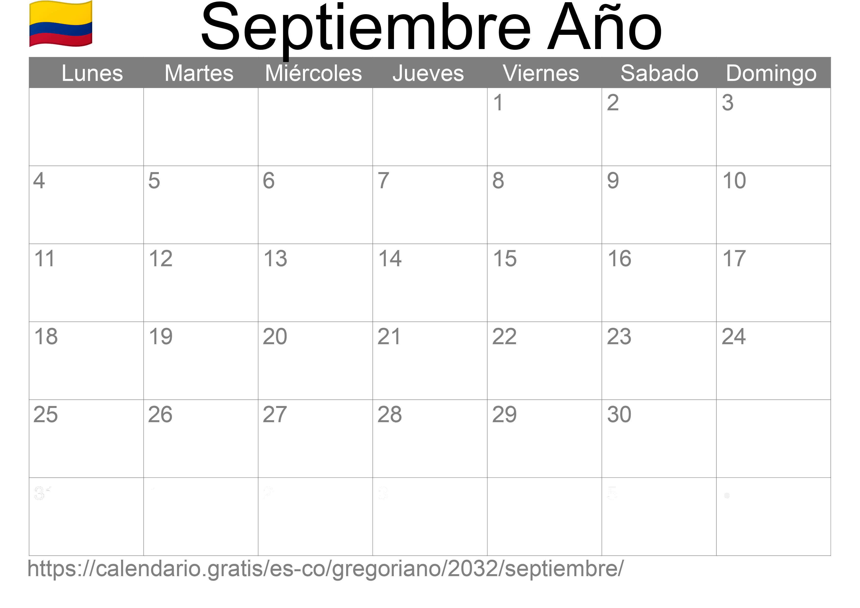 Calendario Septiembre 2032 para imprimir