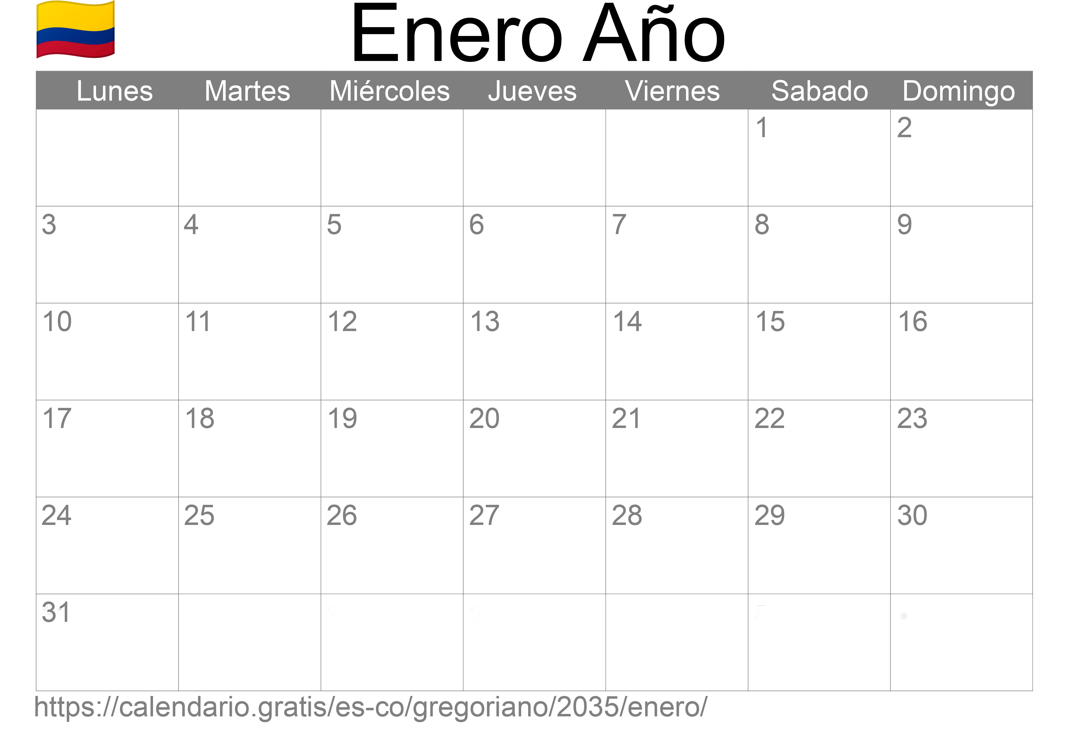 Calendario Enero 2035 para imprimir