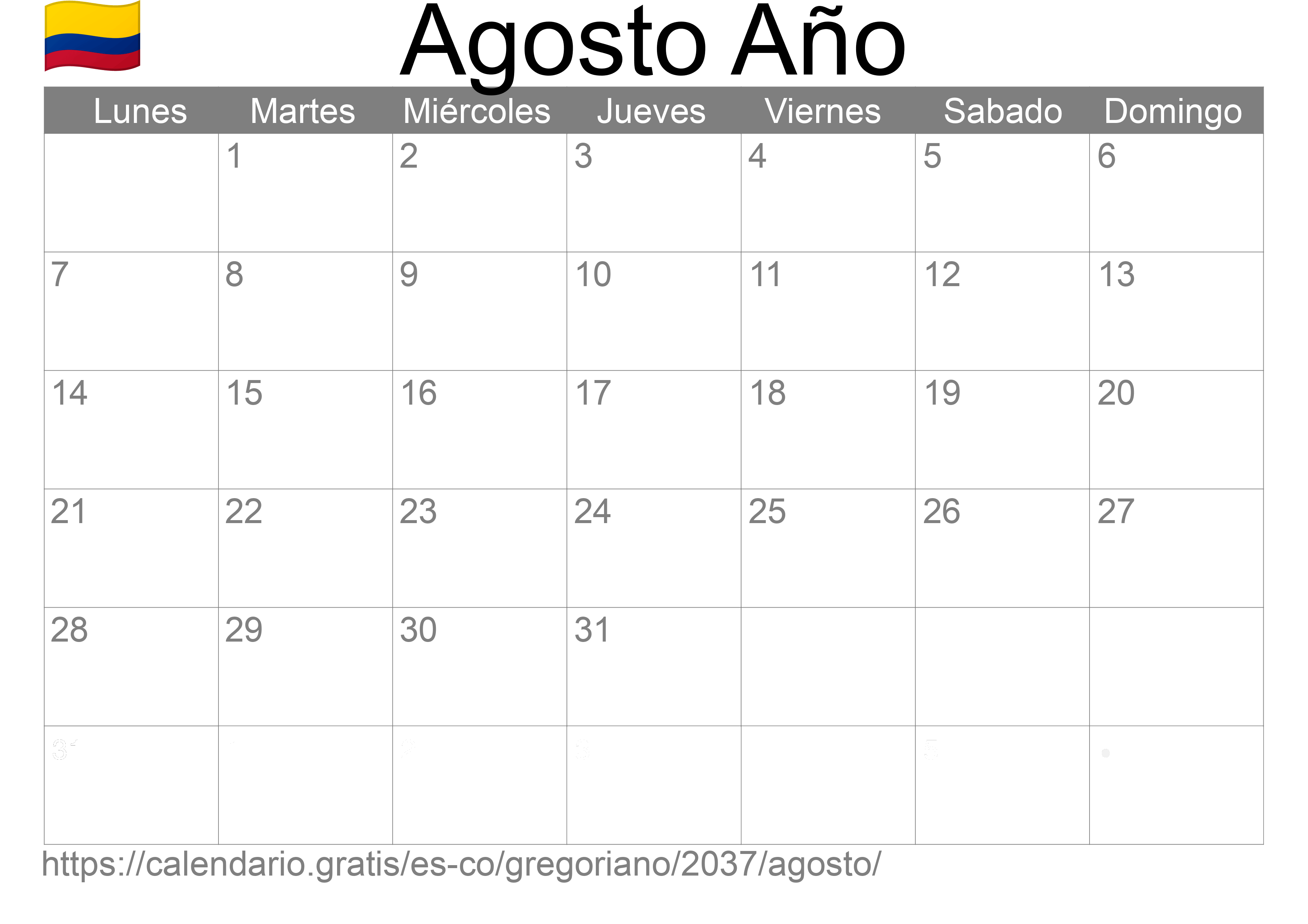 Calendario Agosto 2037 para imprimir