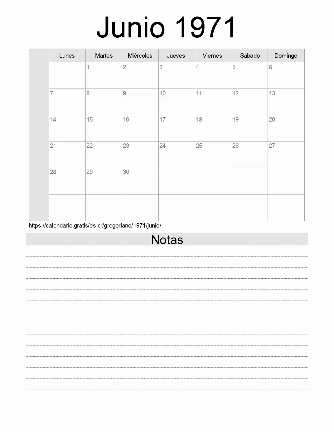 Calendario Junio 1971 para imprimir con notas. (Costa Rica)