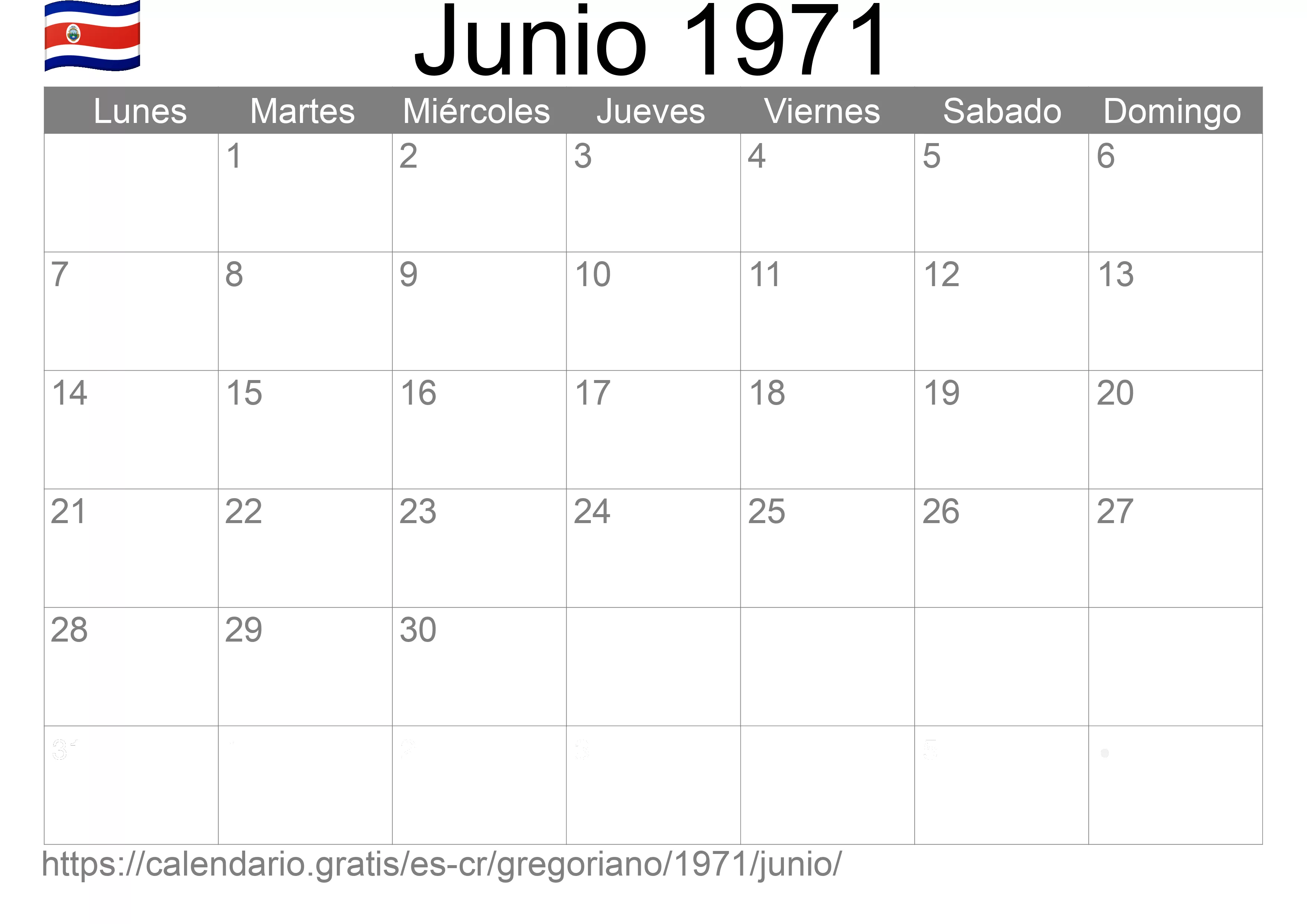 Calendario Junio 1971 para imprimir (Costa Rica)