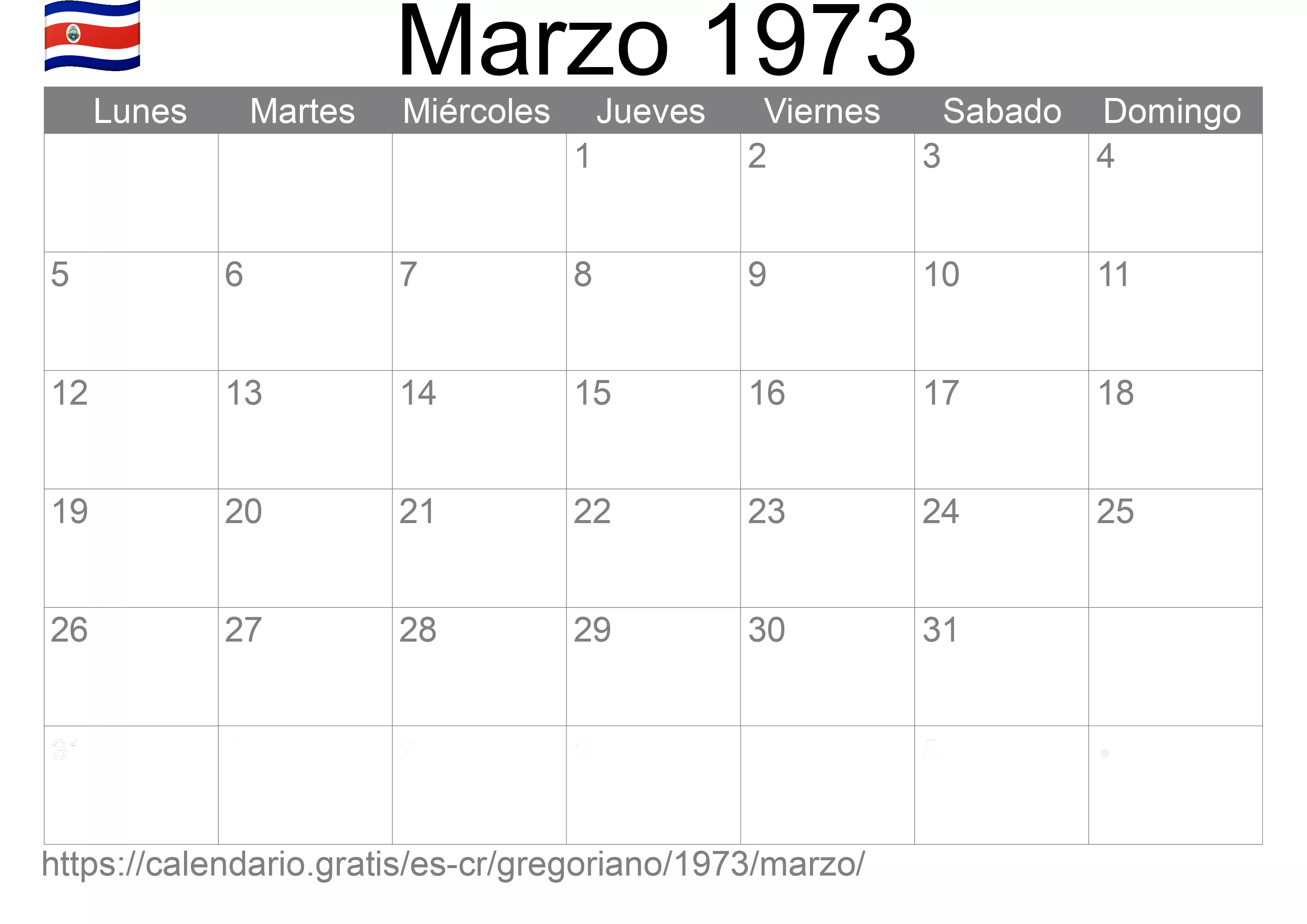 Calendario Marzo 1973 para imprimir (Costa Rica)