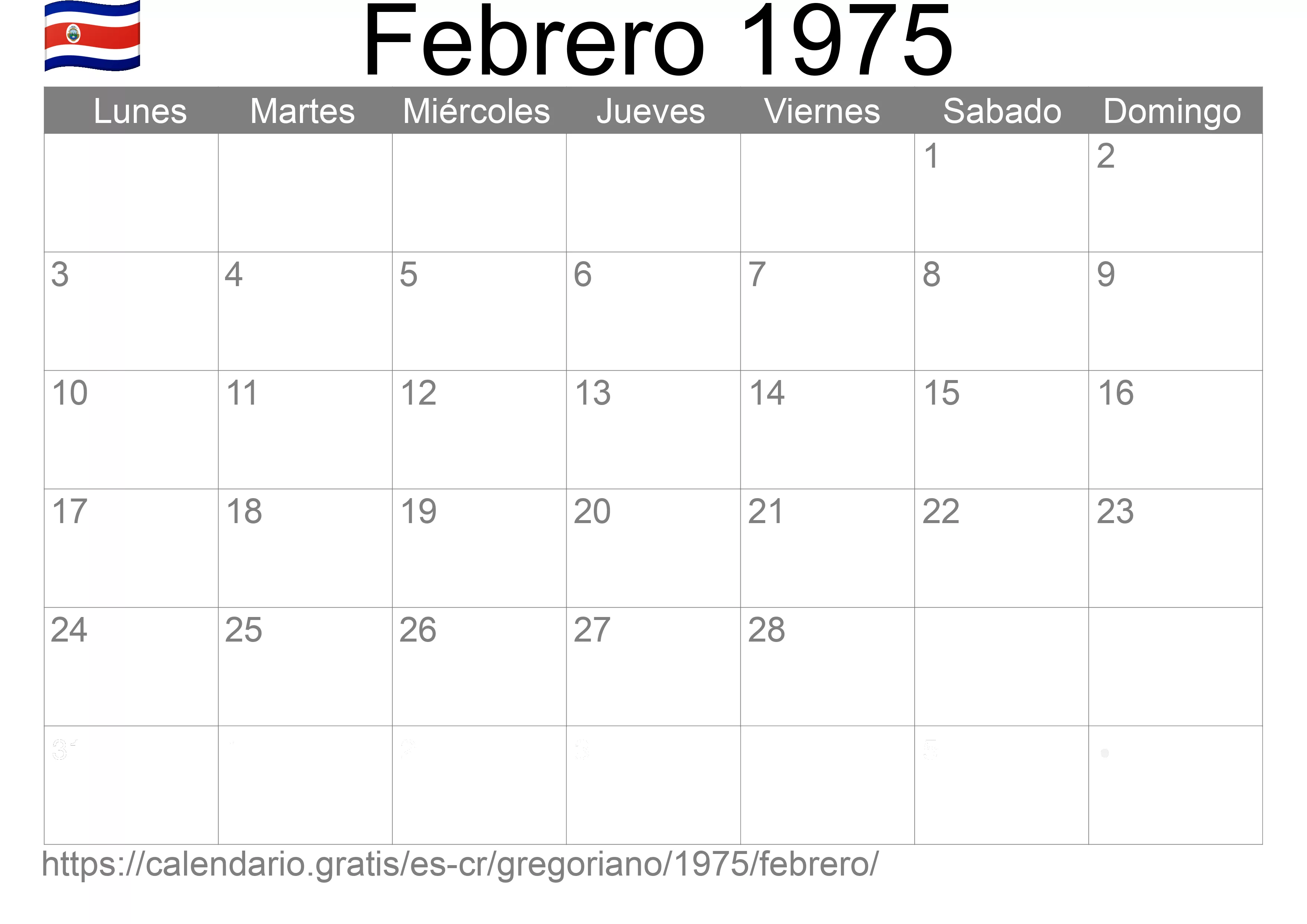 Calendario Febrero 1975 para imprimir (Costa Rica)