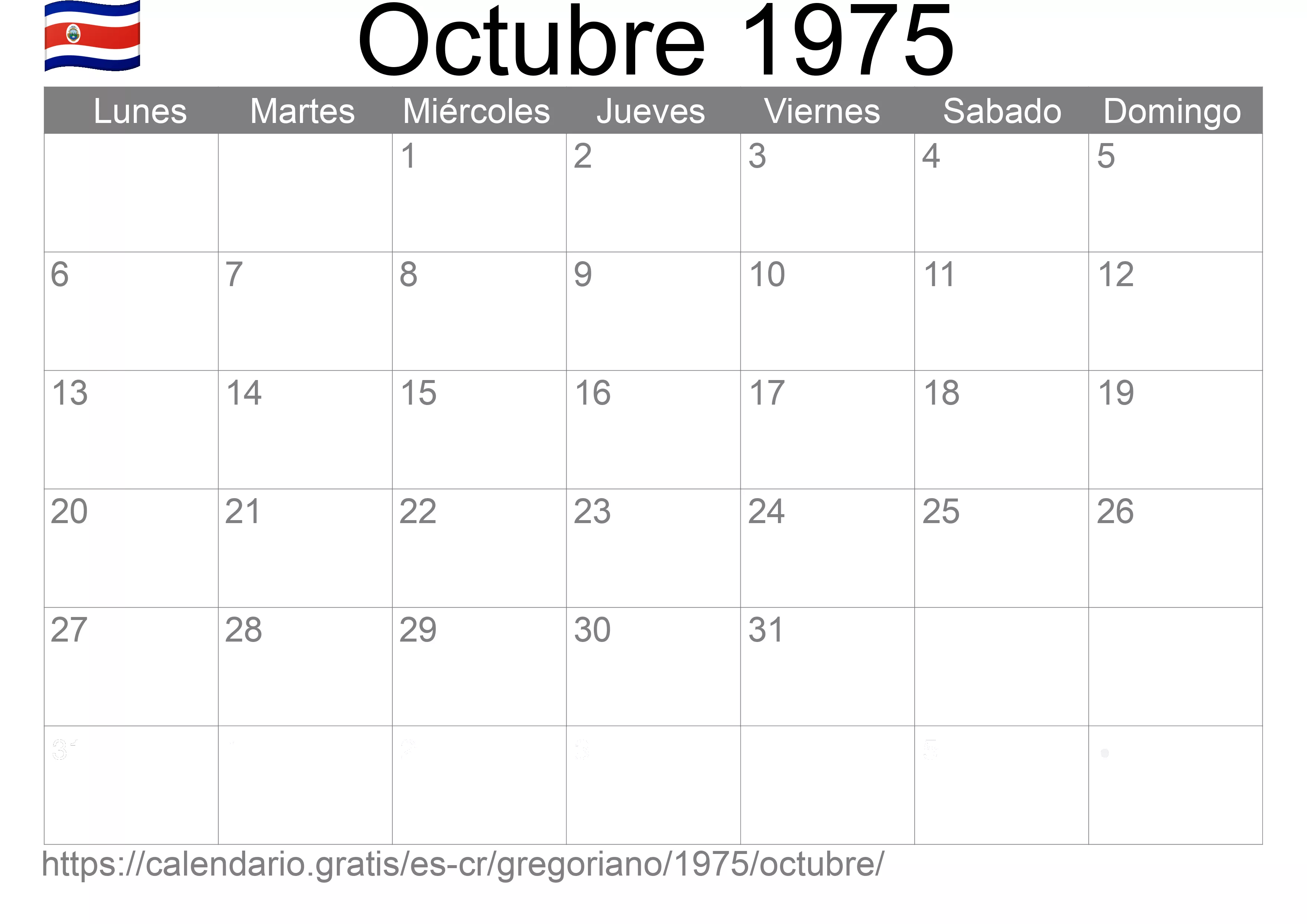 Calendario Octubre 1975 para imprimir (Costa Rica)