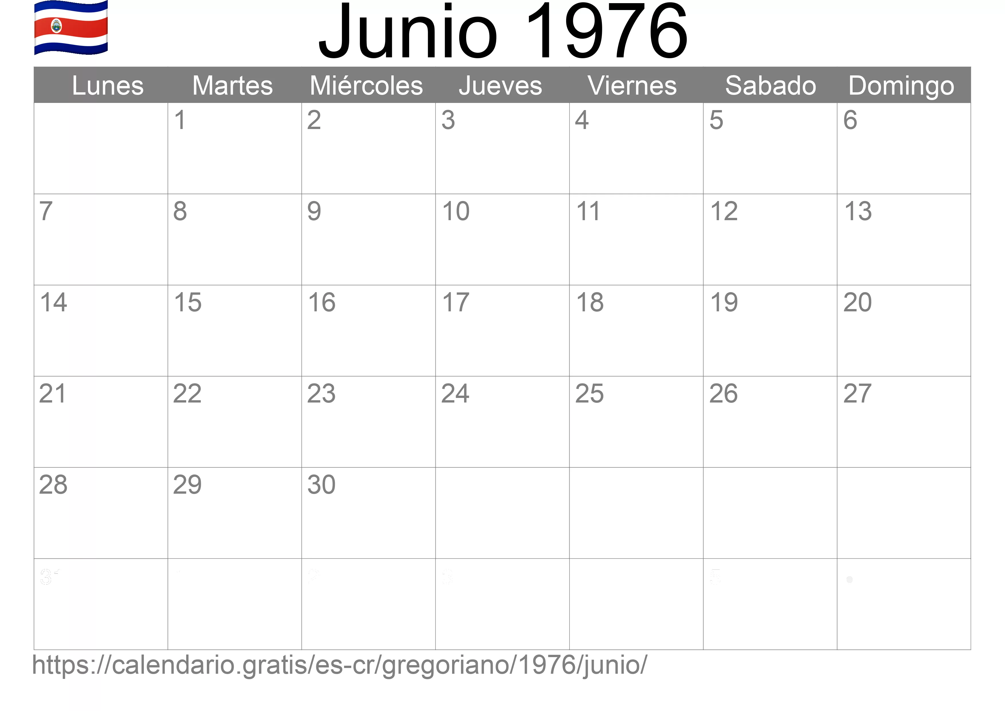 Calendario Junio 1976 para imprimir (Costa Rica)