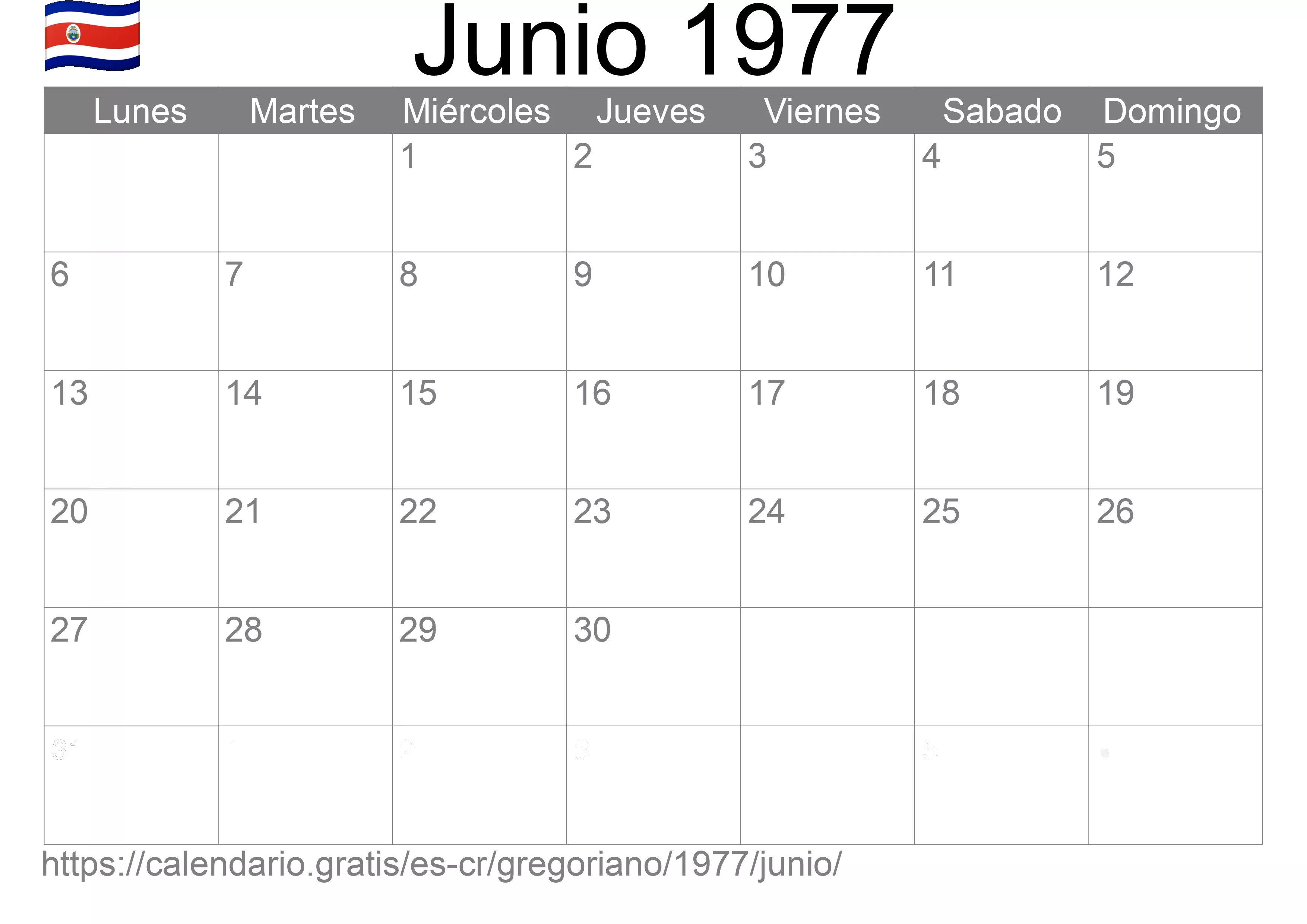 Calendario Junio 1977 para imprimir (Costa Rica)