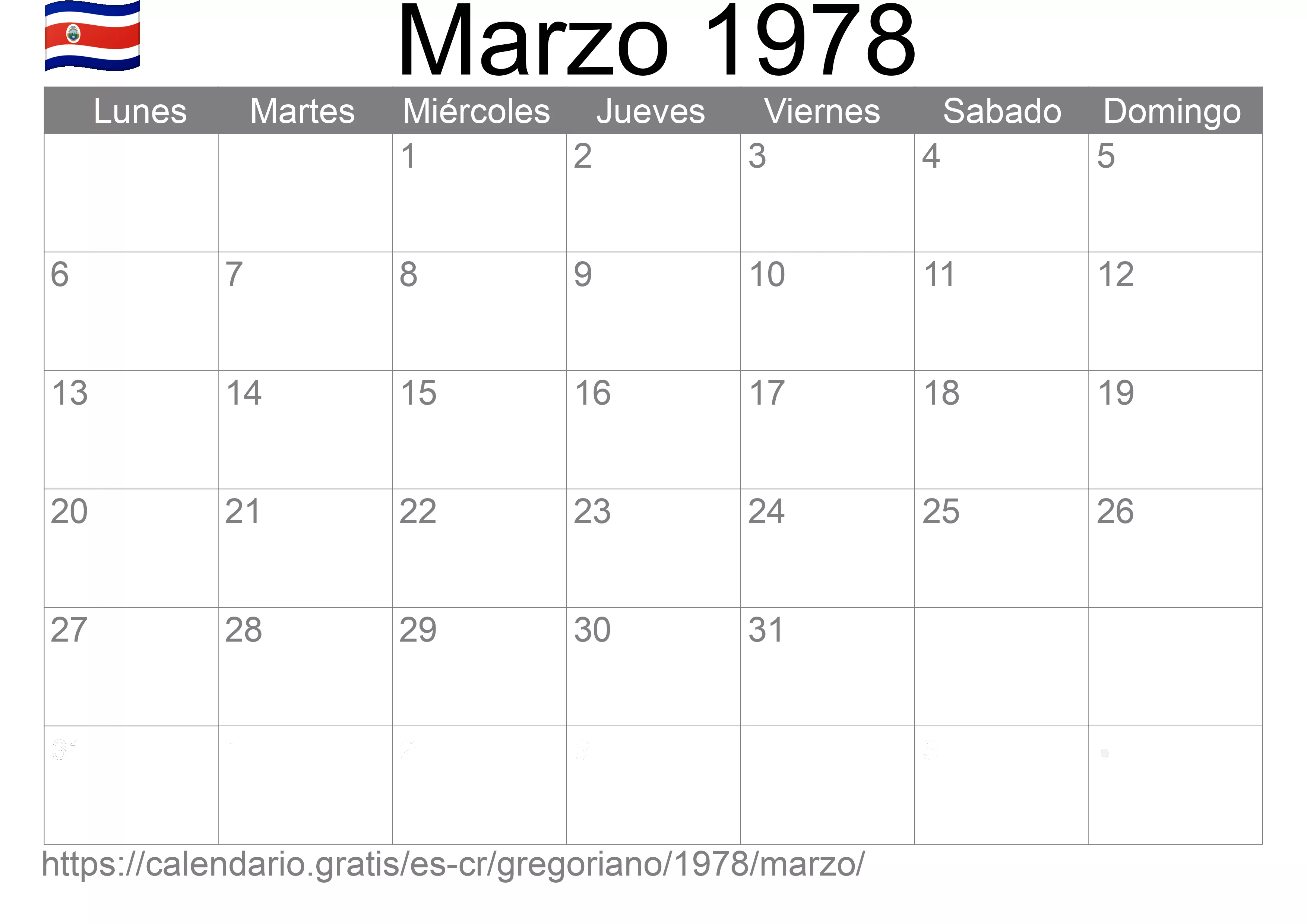 Calendario Marzo 1978 para imprimir (Costa Rica)