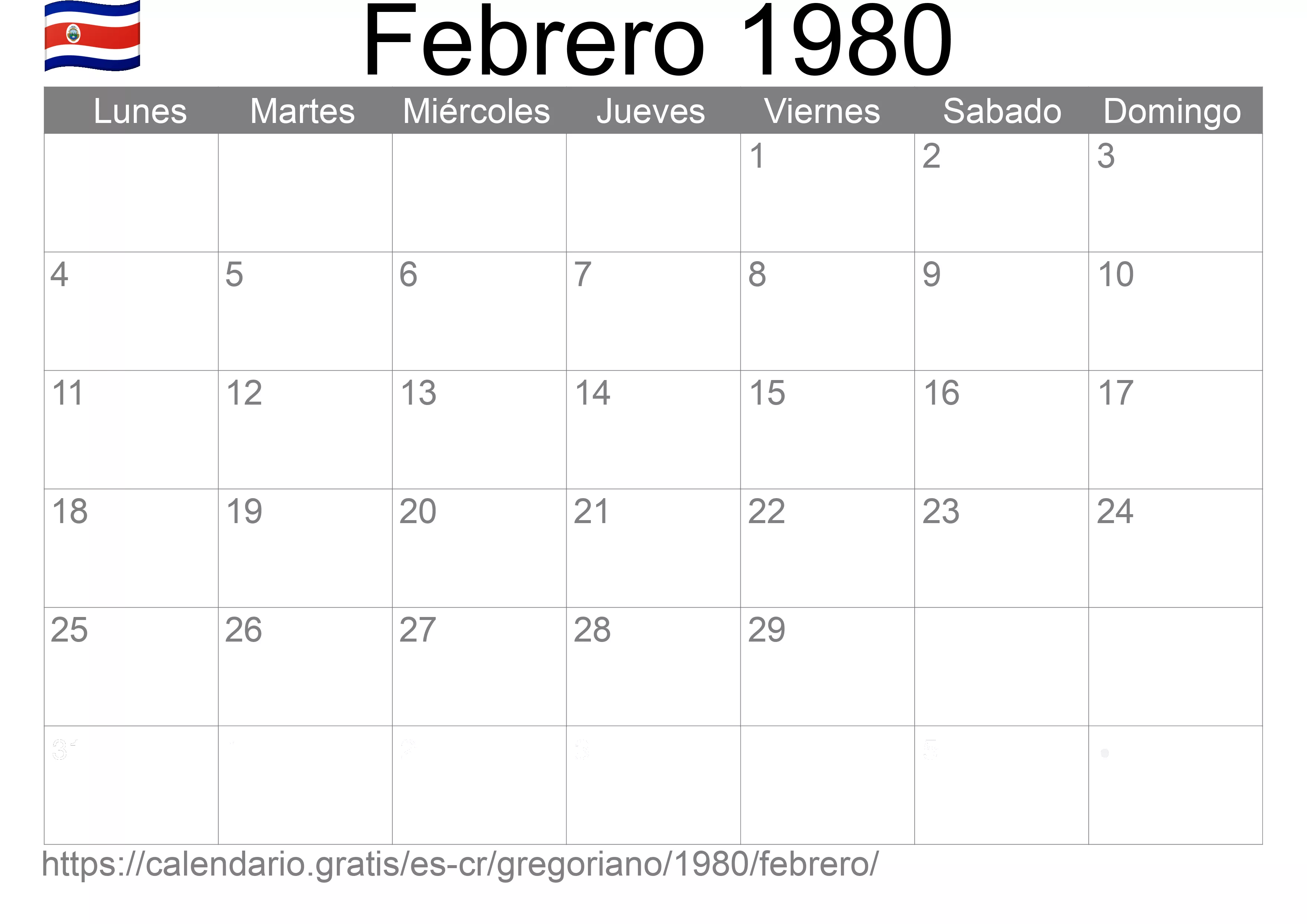 Calendario Febrero 1980 para imprimir (Costa Rica)