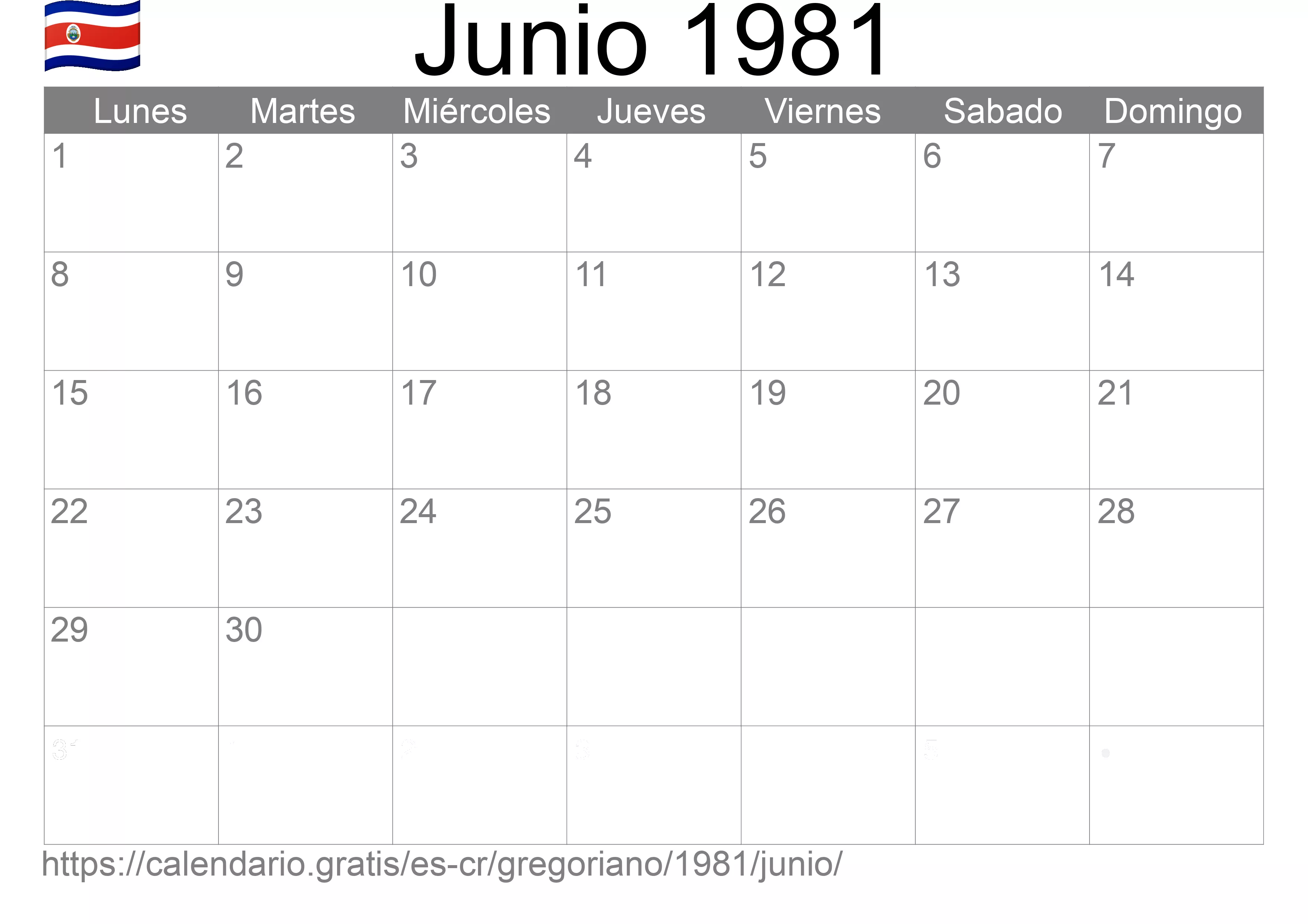 Calendario Junio 1981 para imprimir (Costa Rica)