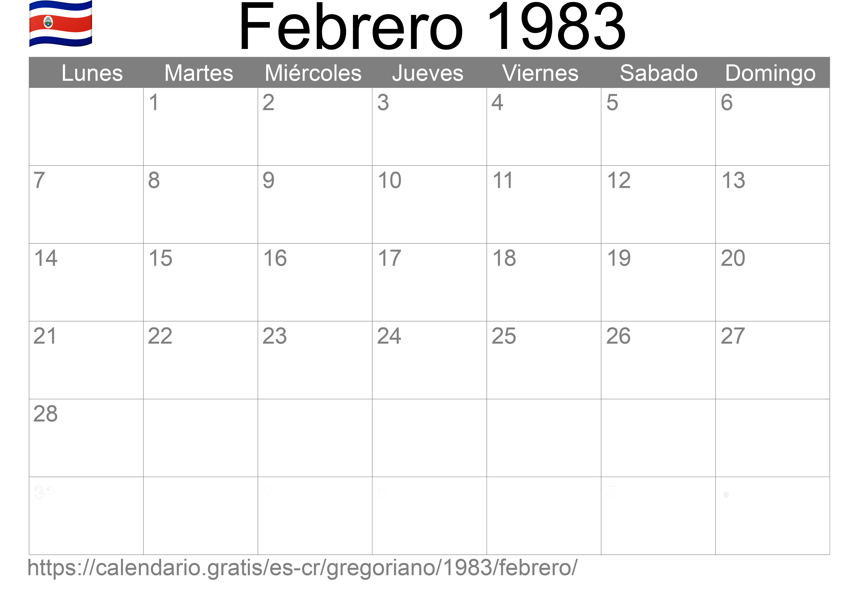 Calendario Febrero 1983 para imprimir