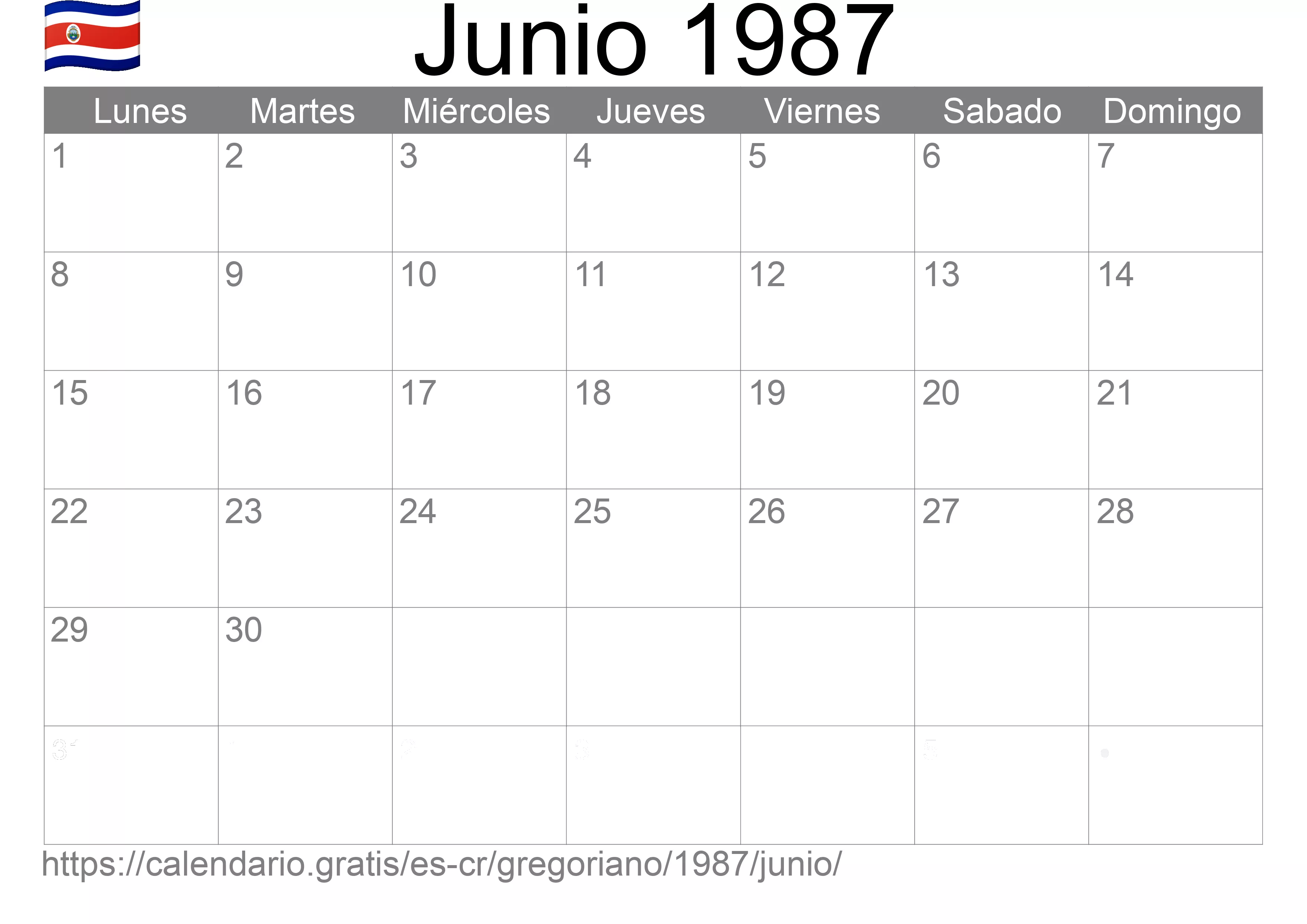 Calendario Junio 1987 para imprimir (Costa Rica)