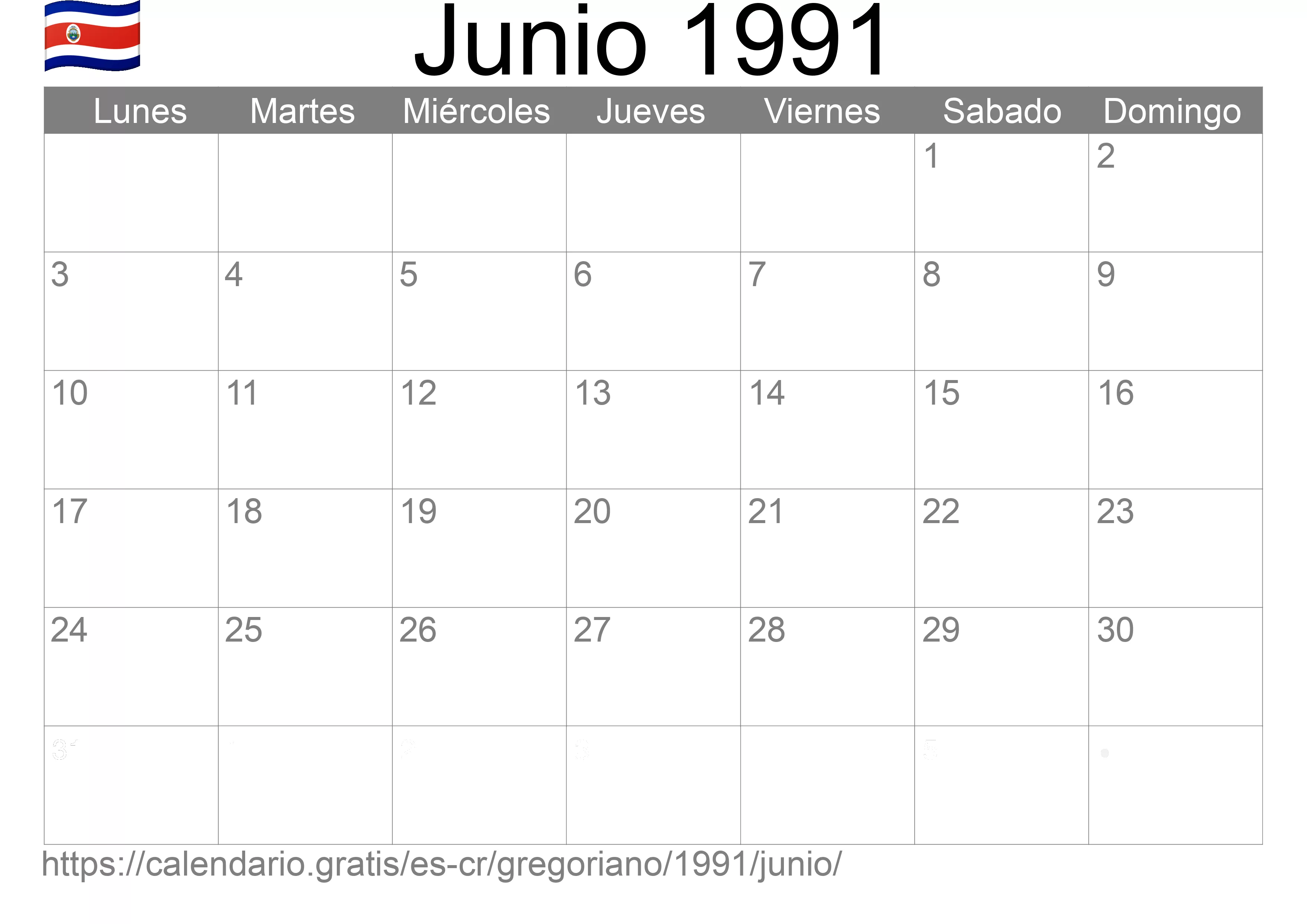 Calendario Junio 1991 para imprimir (Costa Rica)